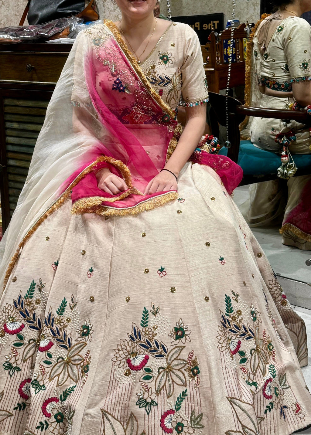 Ivory Beige Dabka embroidery Lehenga set