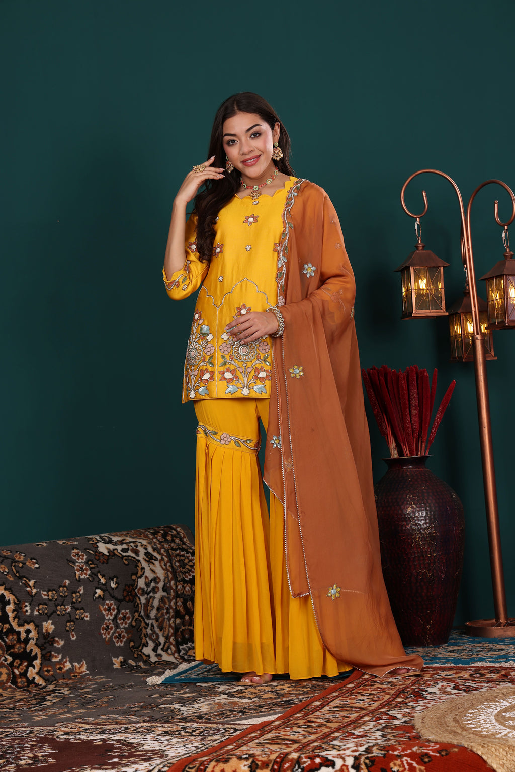 Mustard Yellow Embroidered Kurta Set