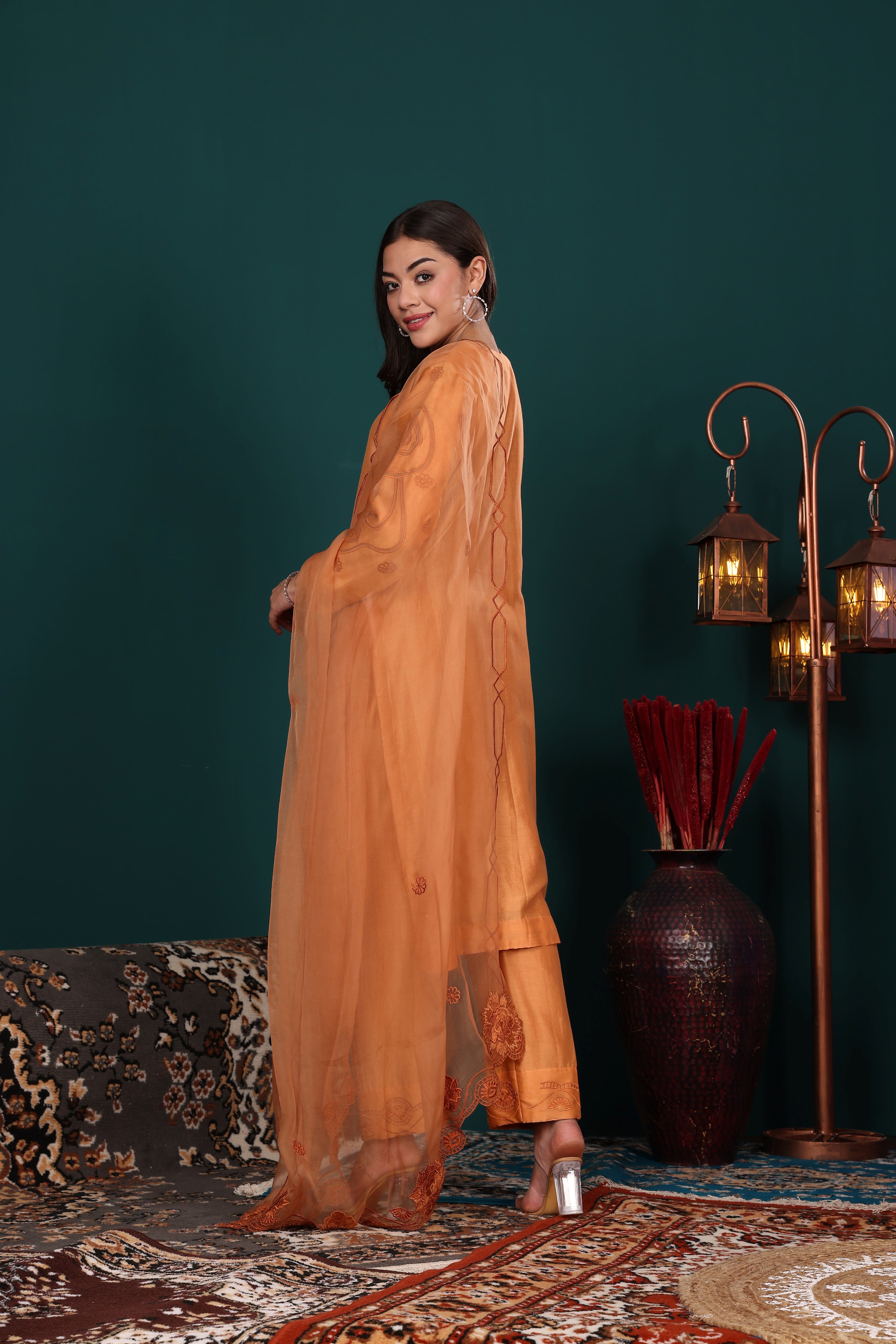 Rust Embroidered Kurta Set