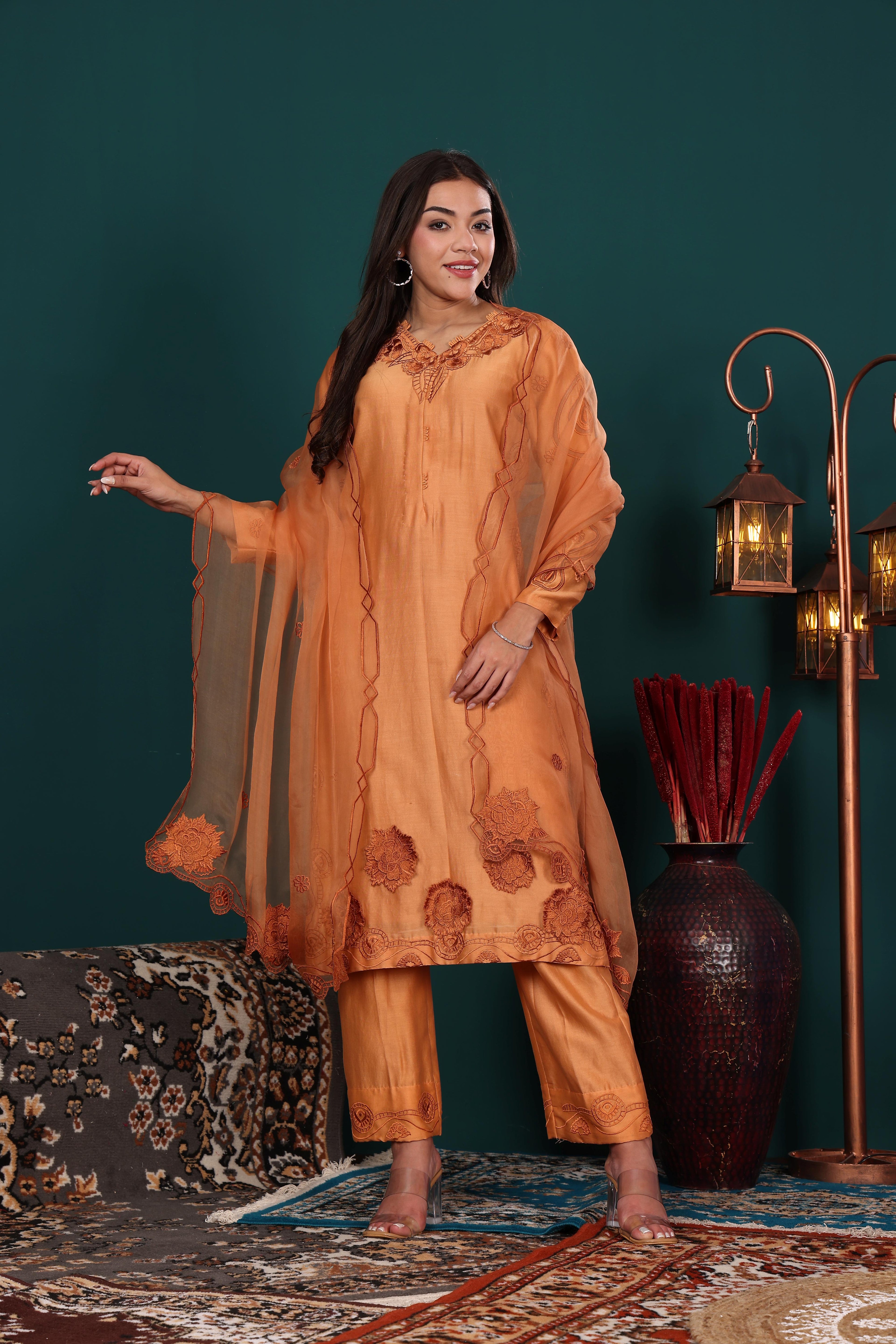 Rust Embroidered Kurta Set
