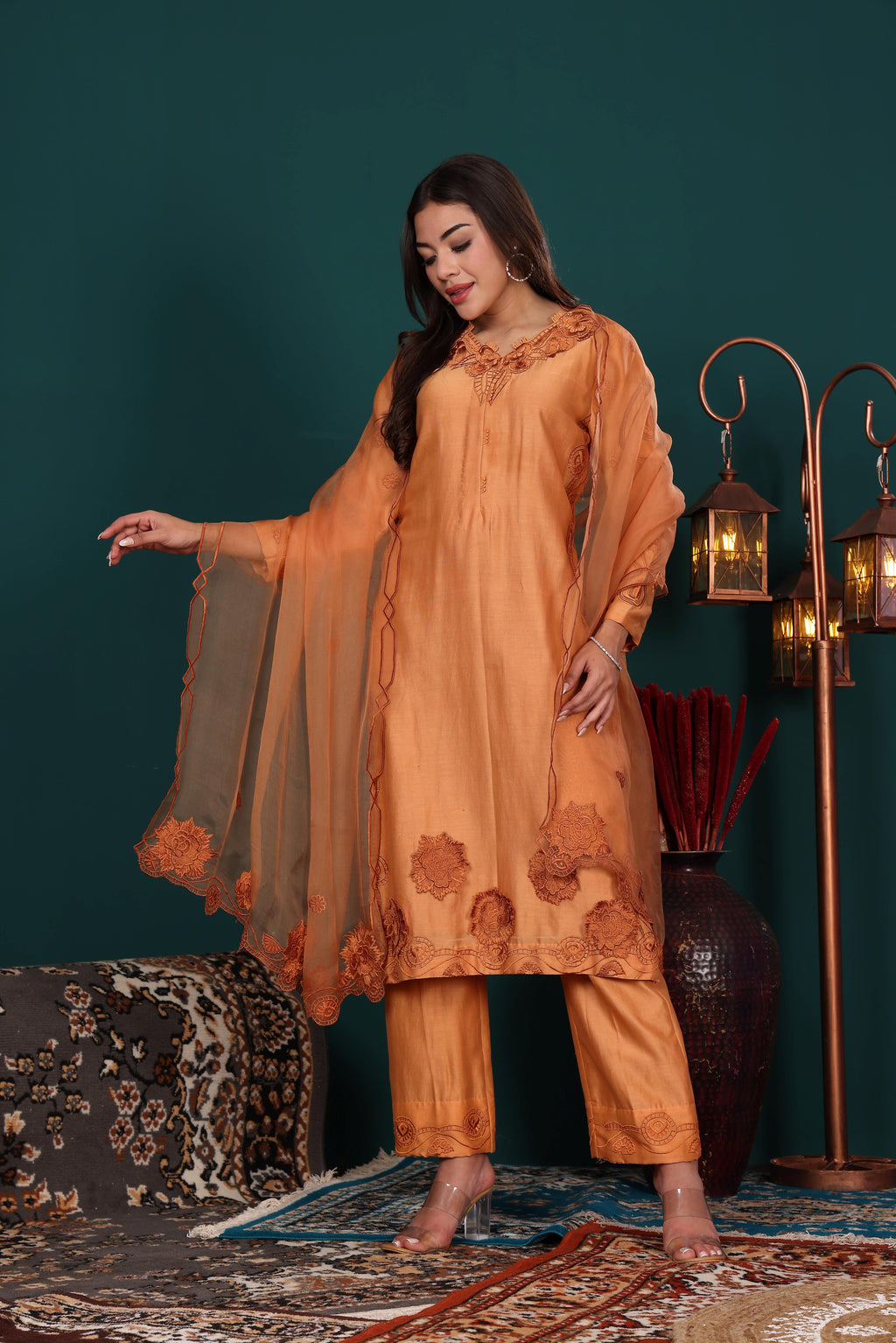 Rust Embroidered Kurta Set