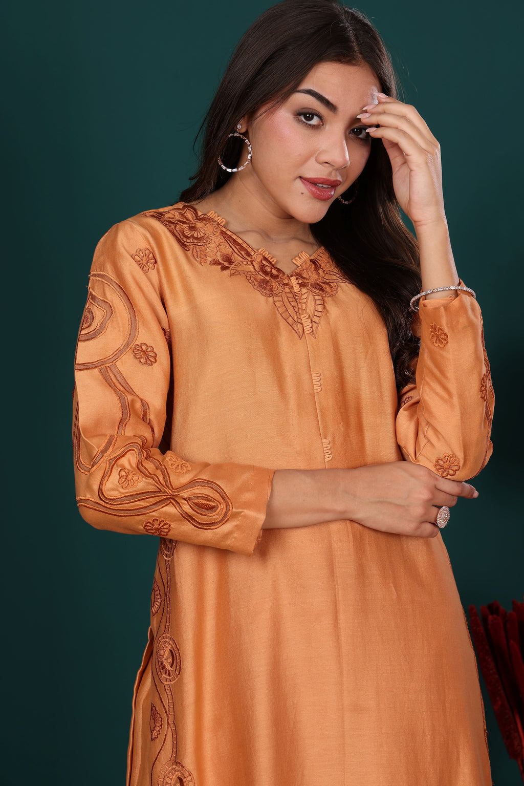 Rust Embroidered Kurta Set