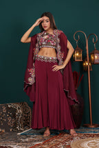 Wine Mesh Crop Top Palazzo with Cape Set