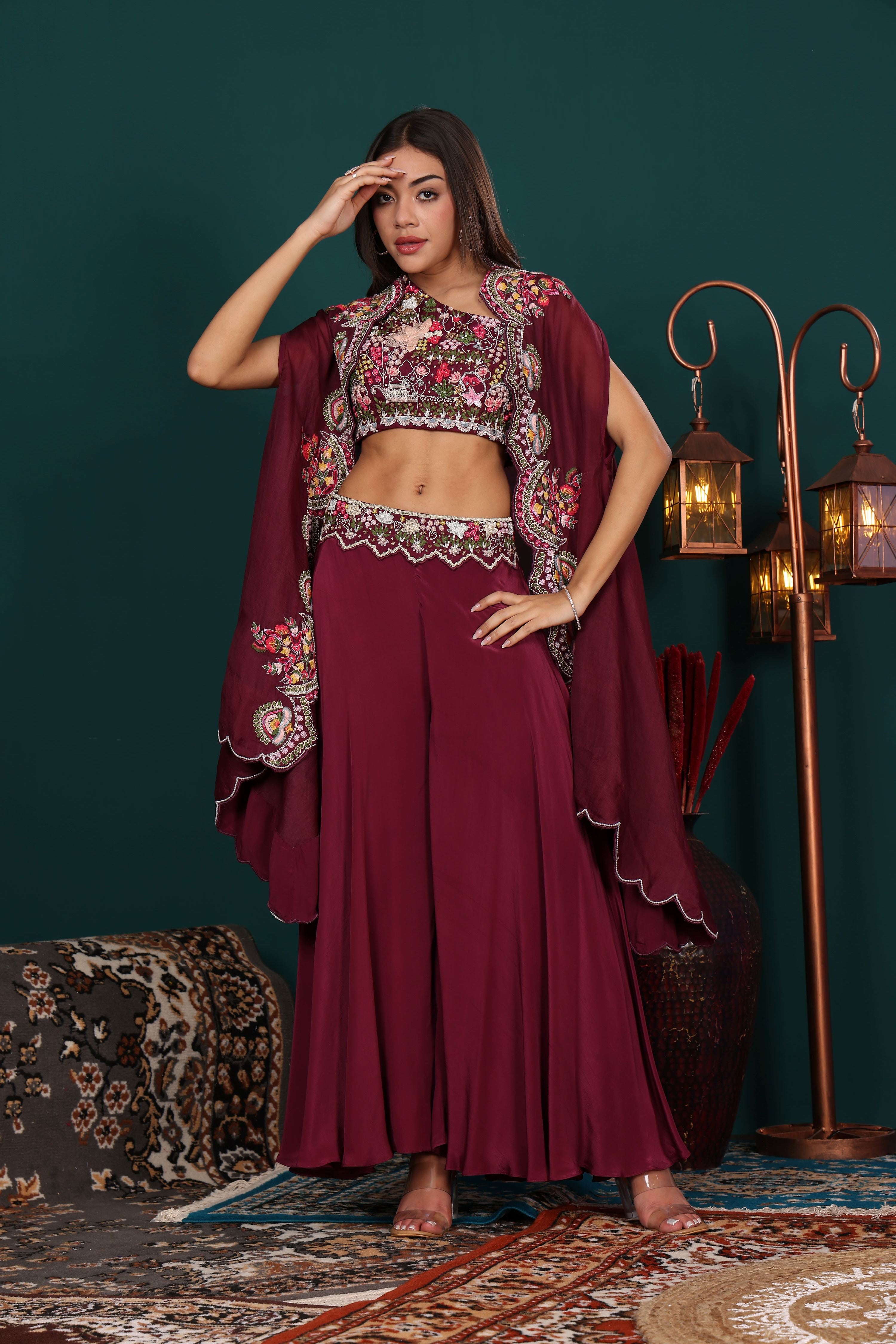 Wine Mesh Crop Top Palazzo with Cape Set