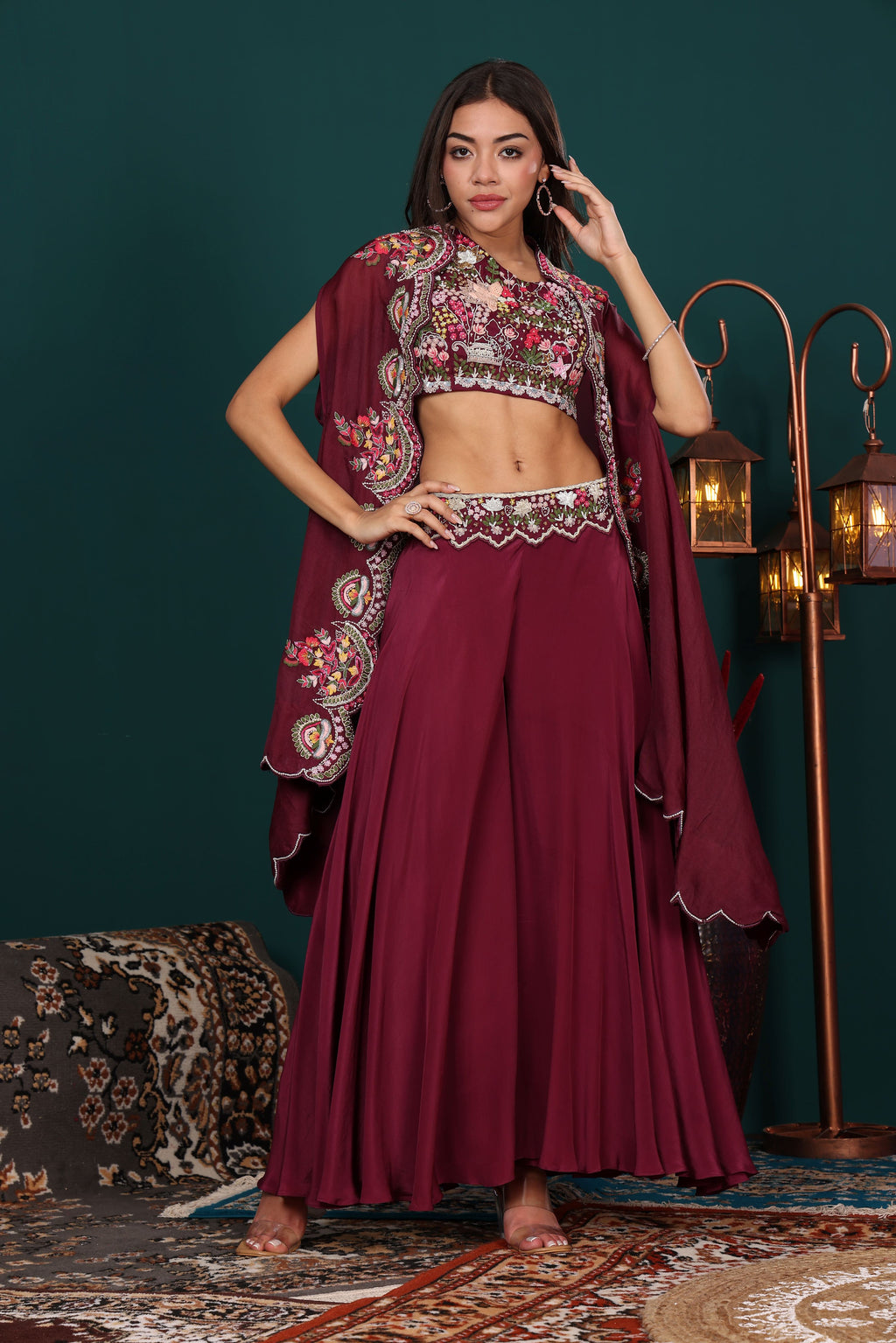 Wine Mesh Crop Top Palazzo with Cape Set