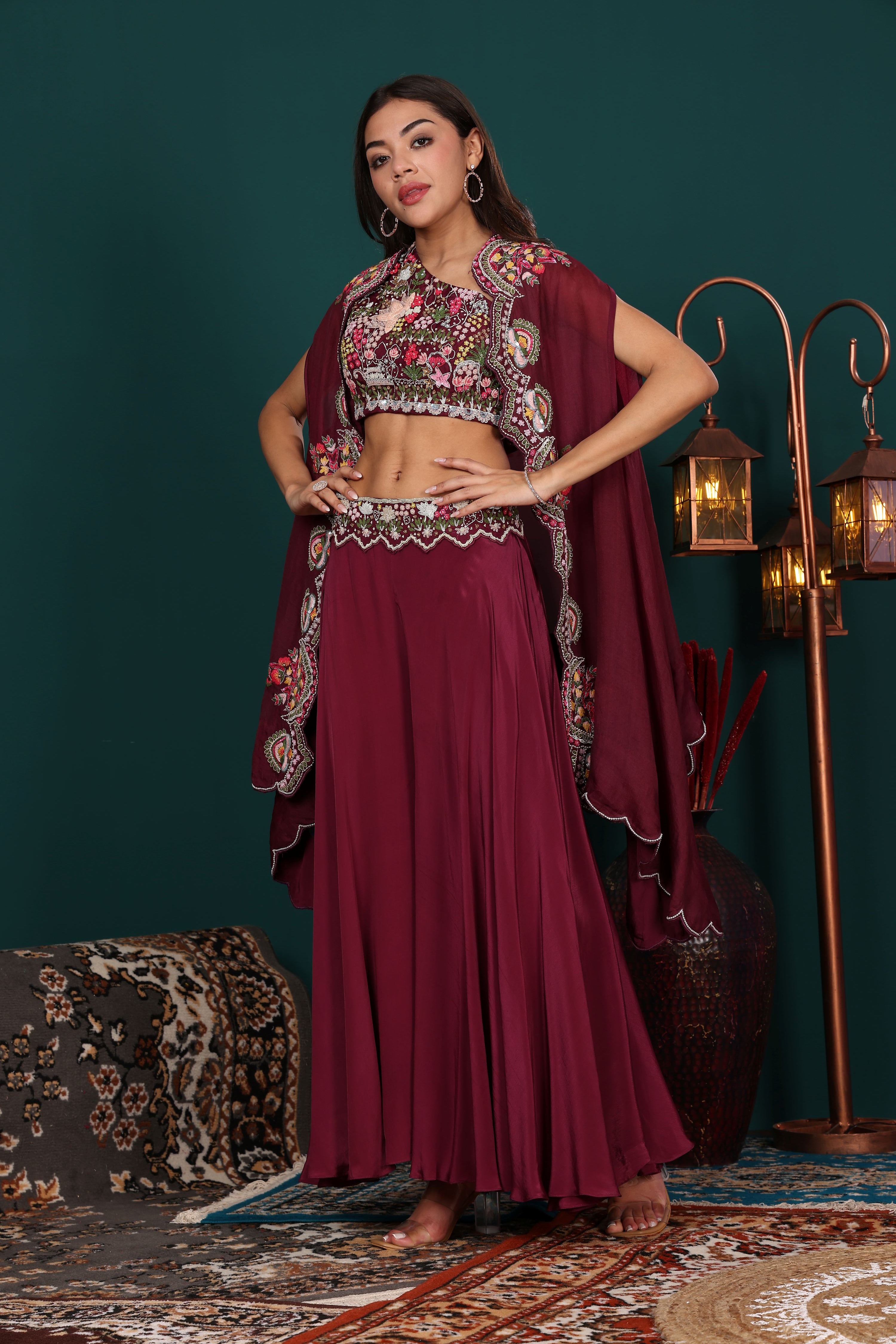 Wine Mesh Crop Top Palazzo with Cape Set