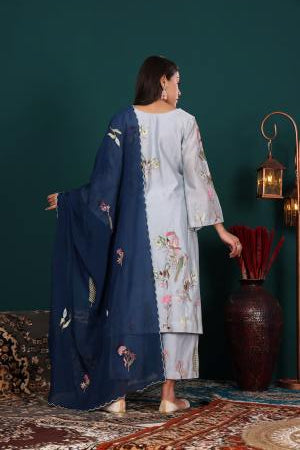 Powder Blue Embroidered Kurta Pant Set with Navy Dupatta