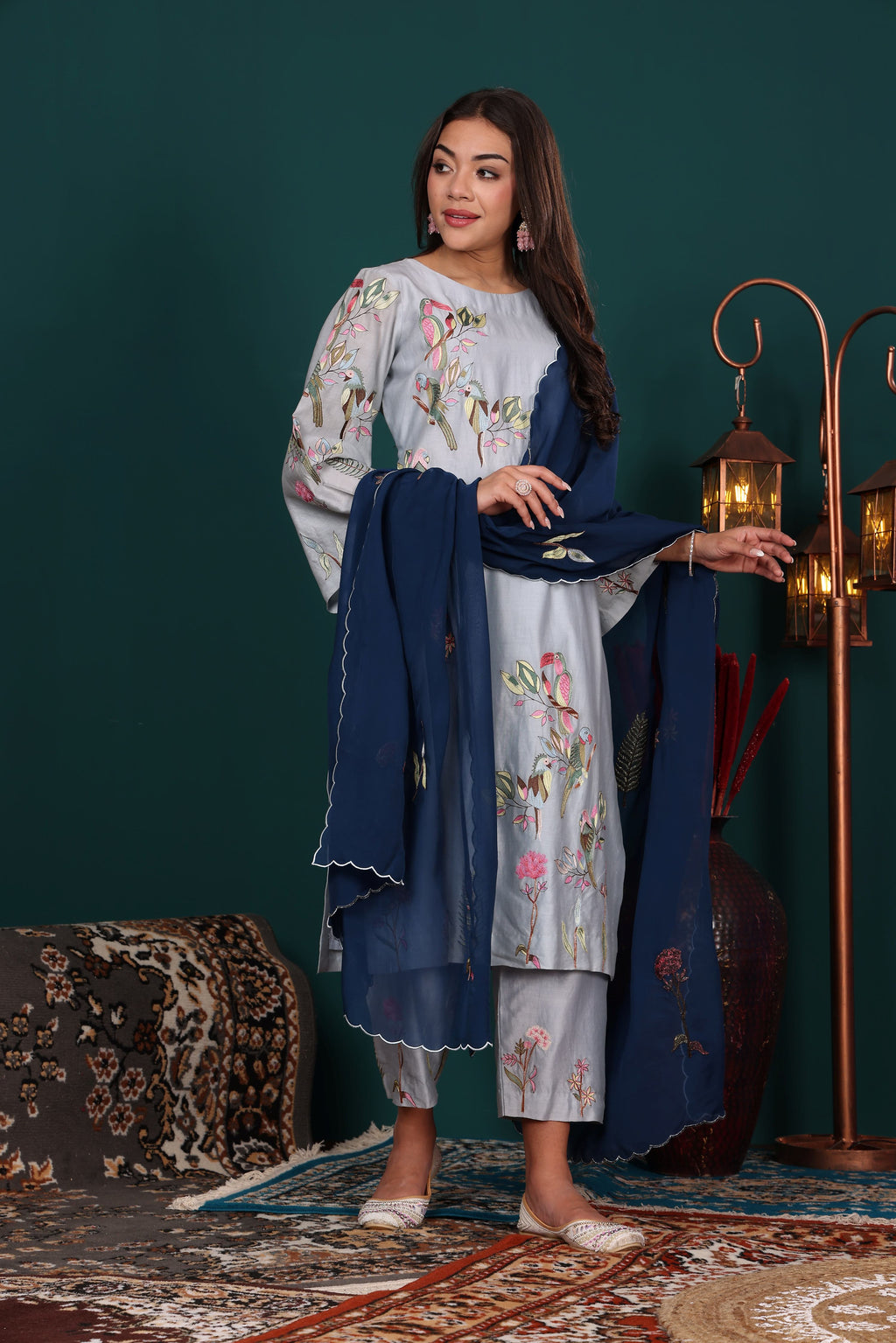 Powder Blue Embroidered Kurta Pant Set with Navy Dupatta