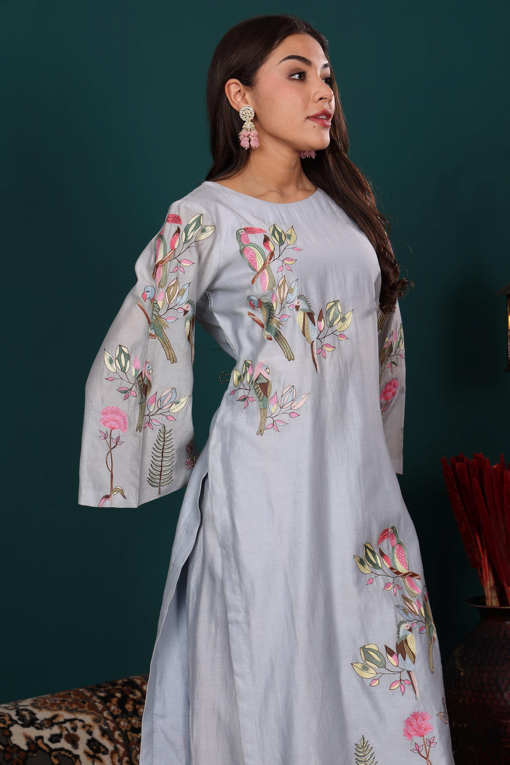 Powder Blue Embroidered Kurta Pant Set with Navy Dupatta
