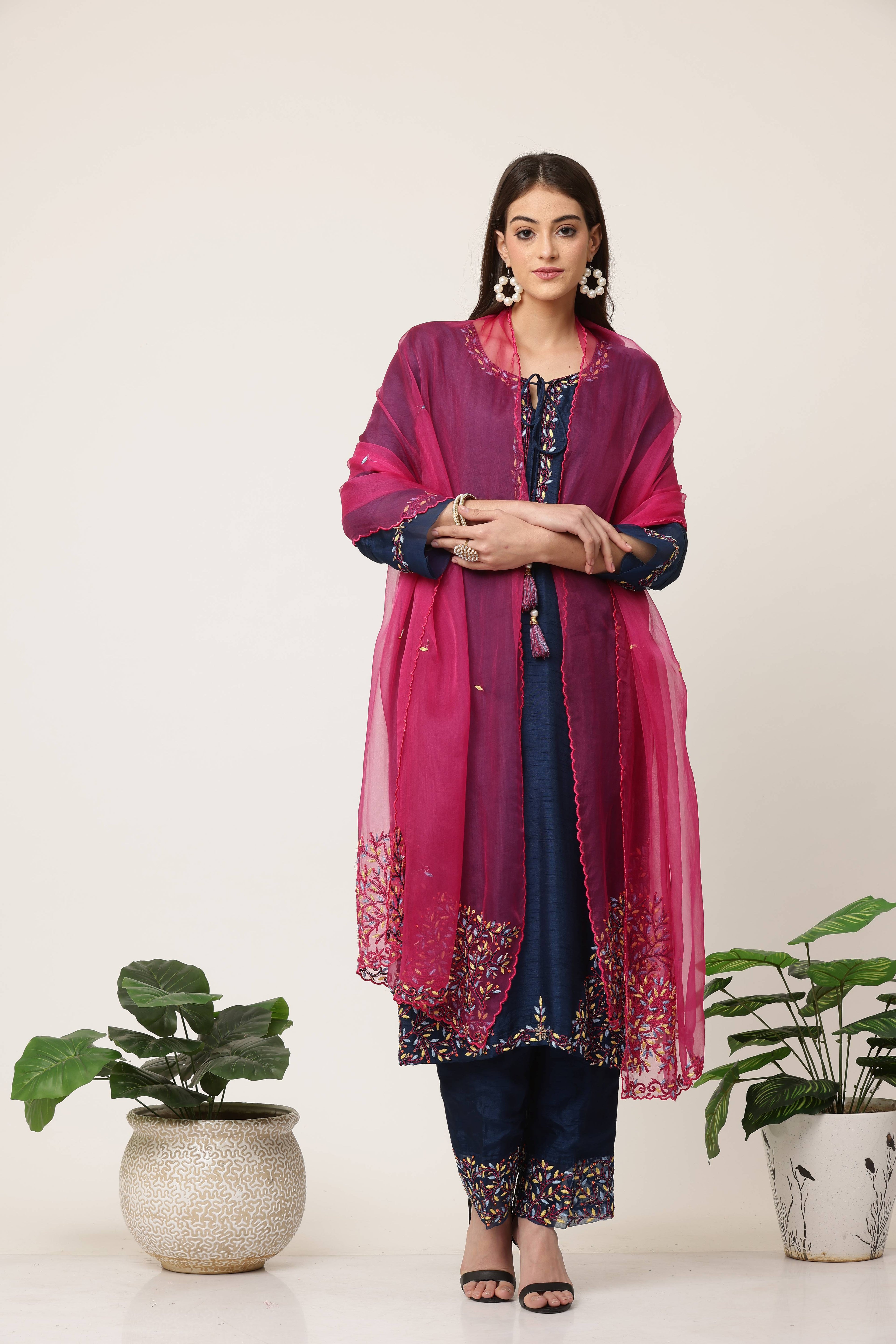 Multicolour Thread Organza Kurta Set