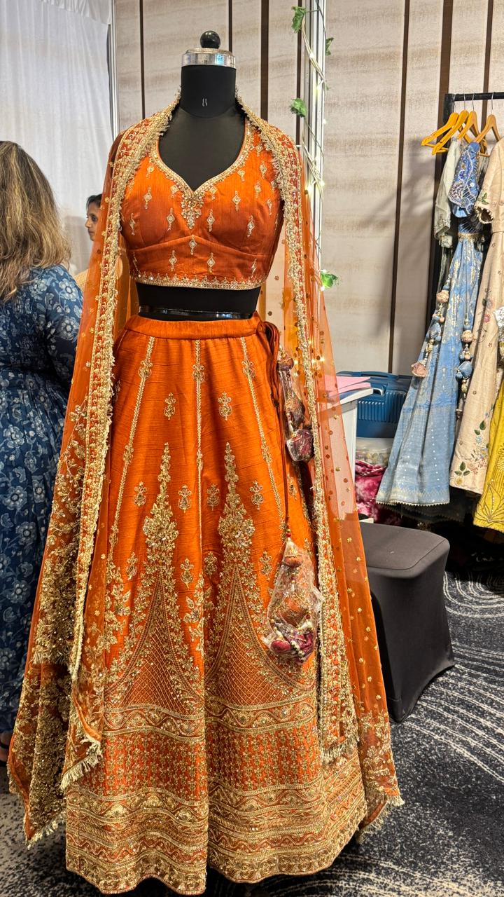 Elegant Rust Orange Embroidered Lehenga Set