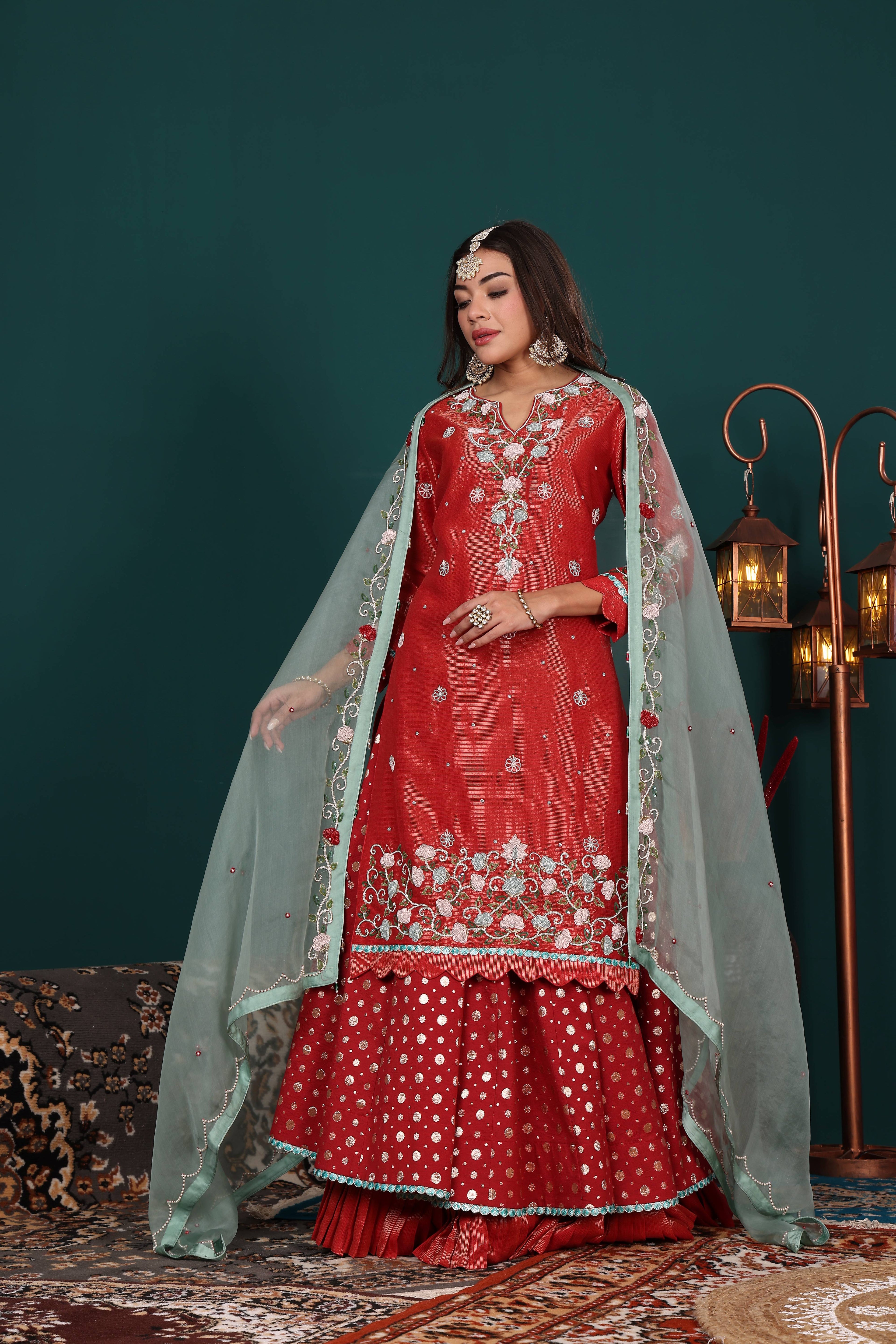 Ruhani Red Esembled Kurta Lehenga set