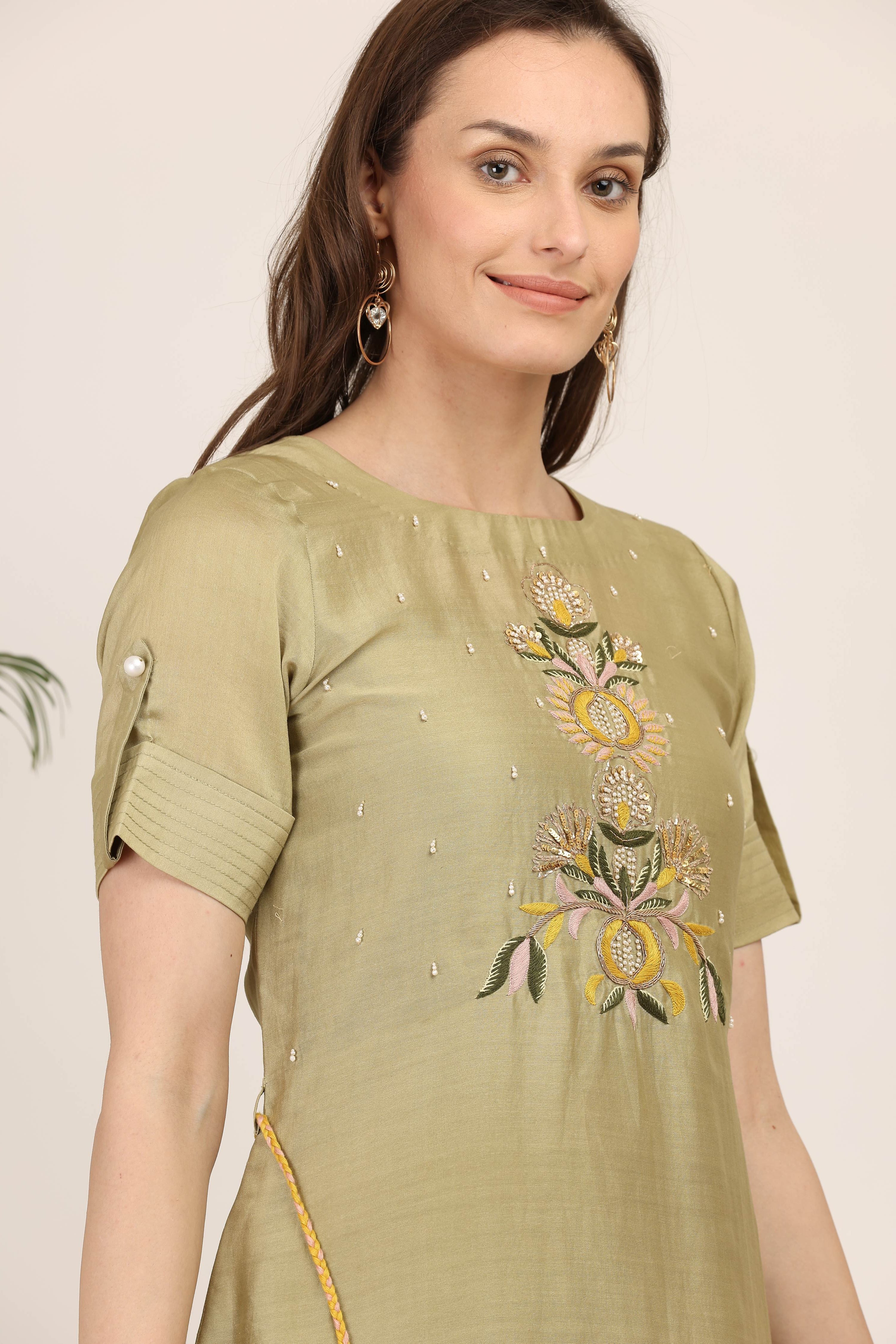 Olive Green Embroidered A-Line Dress
