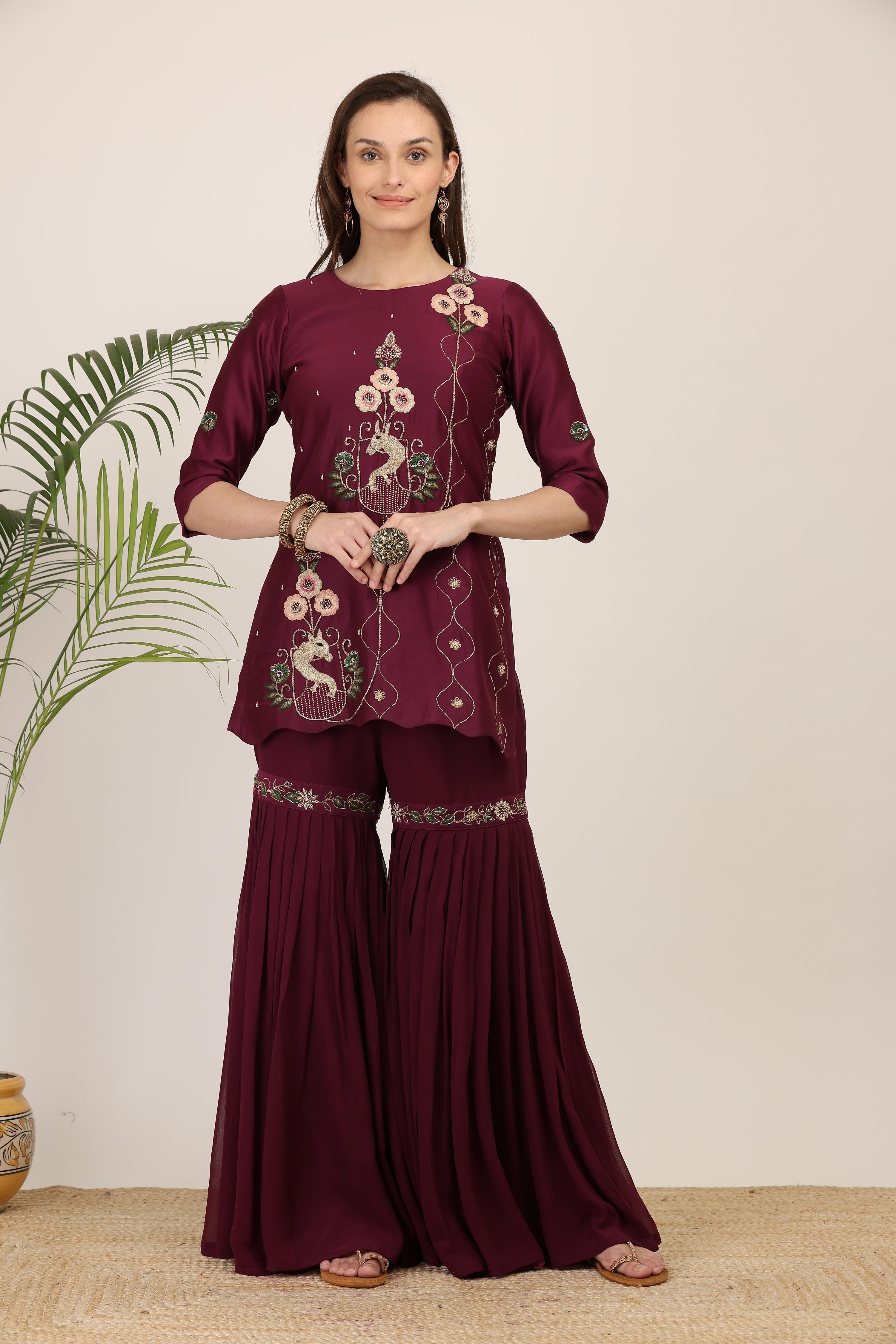 Wine Embroidered Kurta Set with Garara
