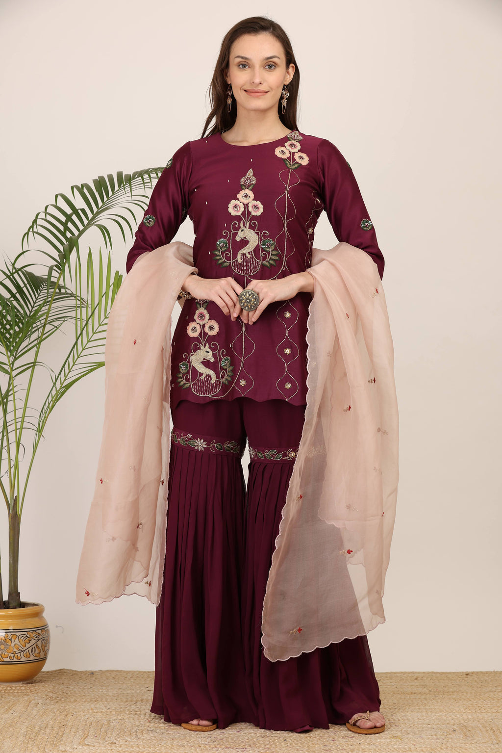 Wine Embroidered Kurta Set with Garara