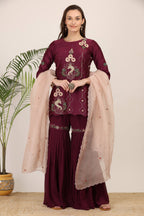 Wine Embroidered Kurta Set with Garara