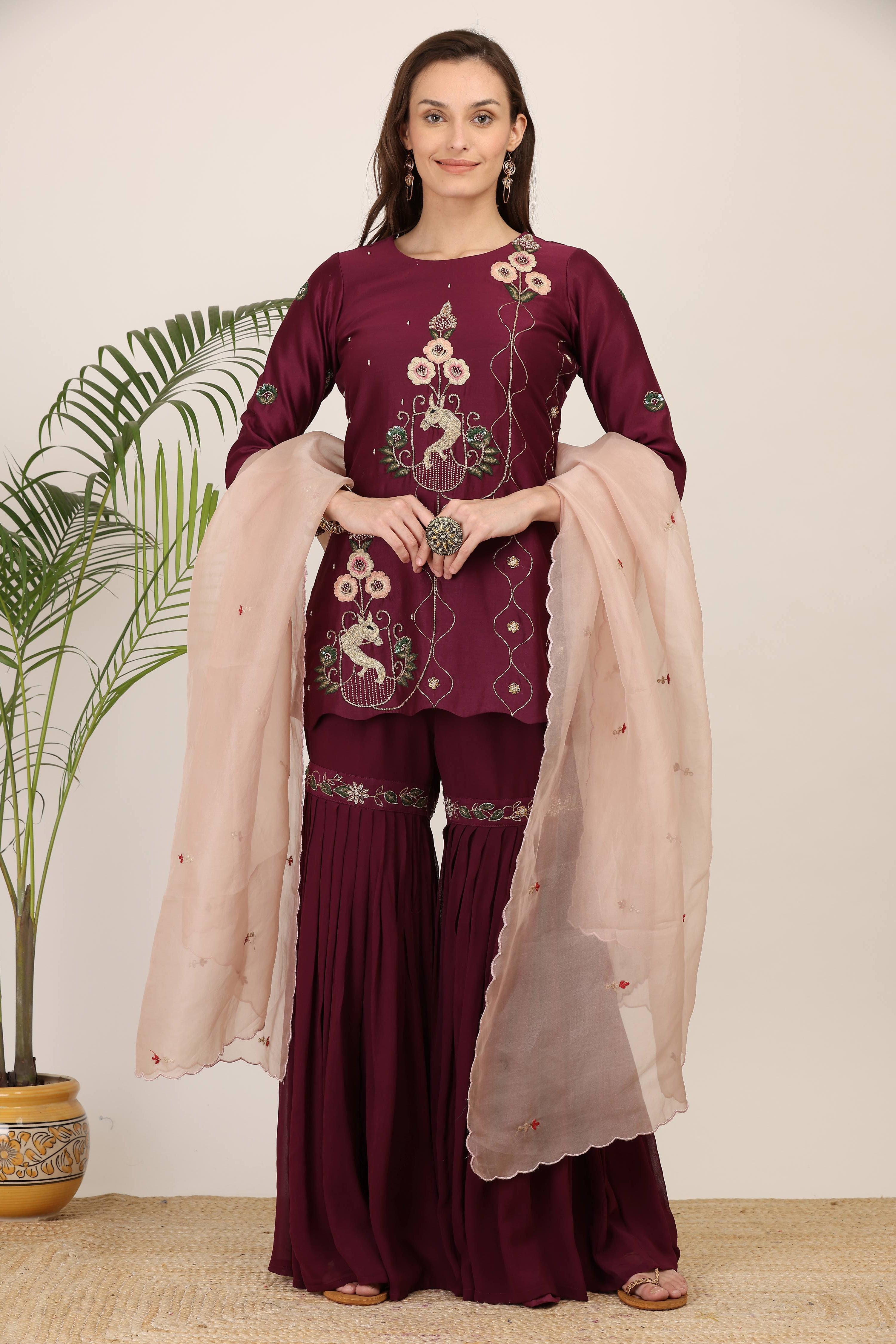Wine Embroidered Kurta Set with Garara