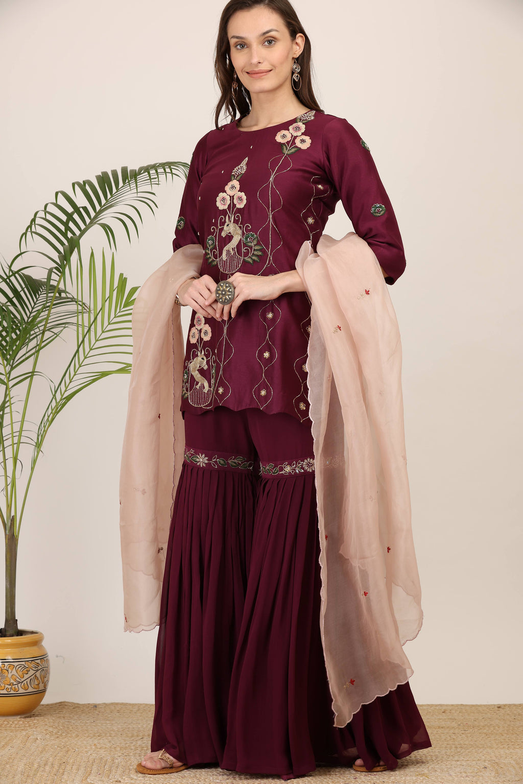 Wine Embroidered Kurta Set with Garara