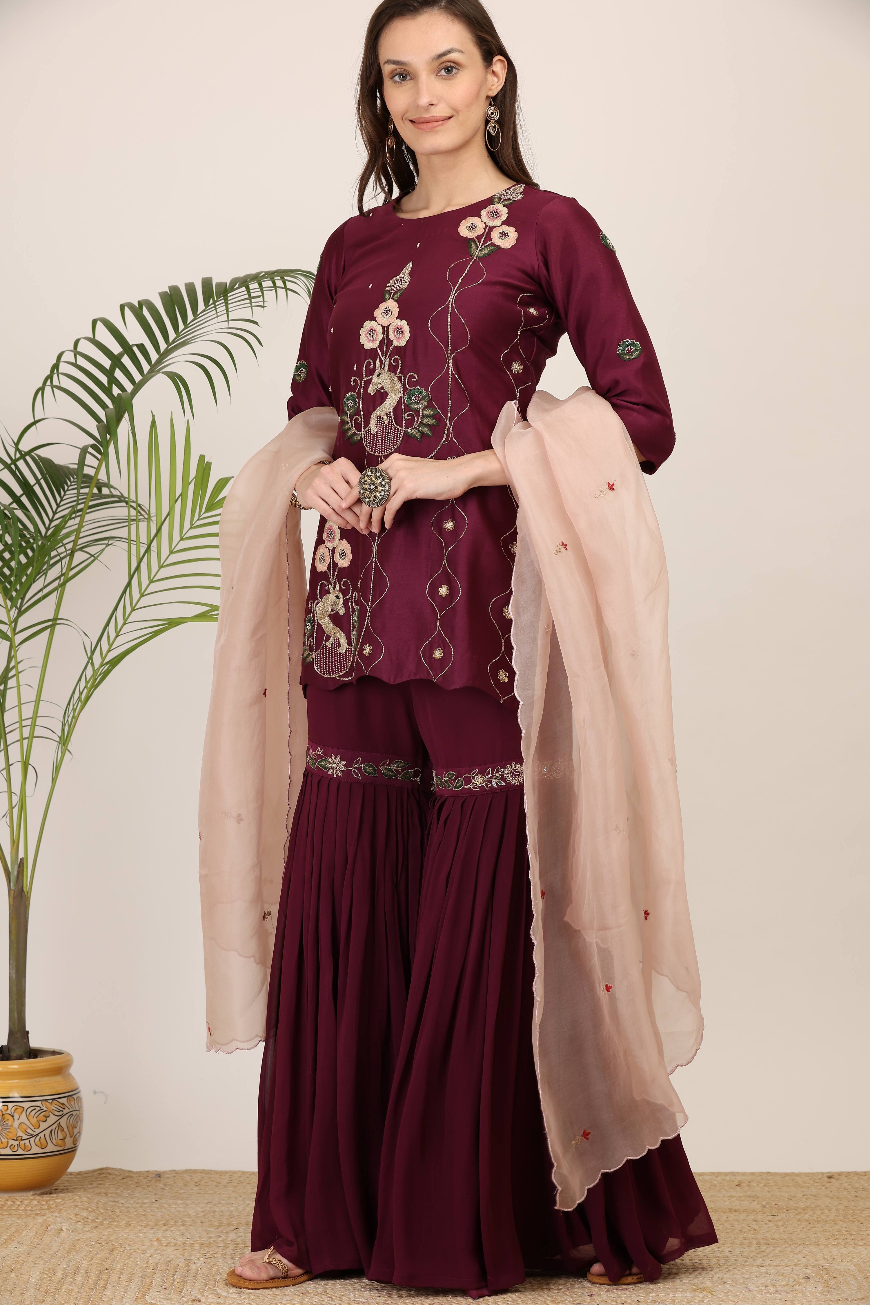 Wine Embroidered Kurta Set with Garara