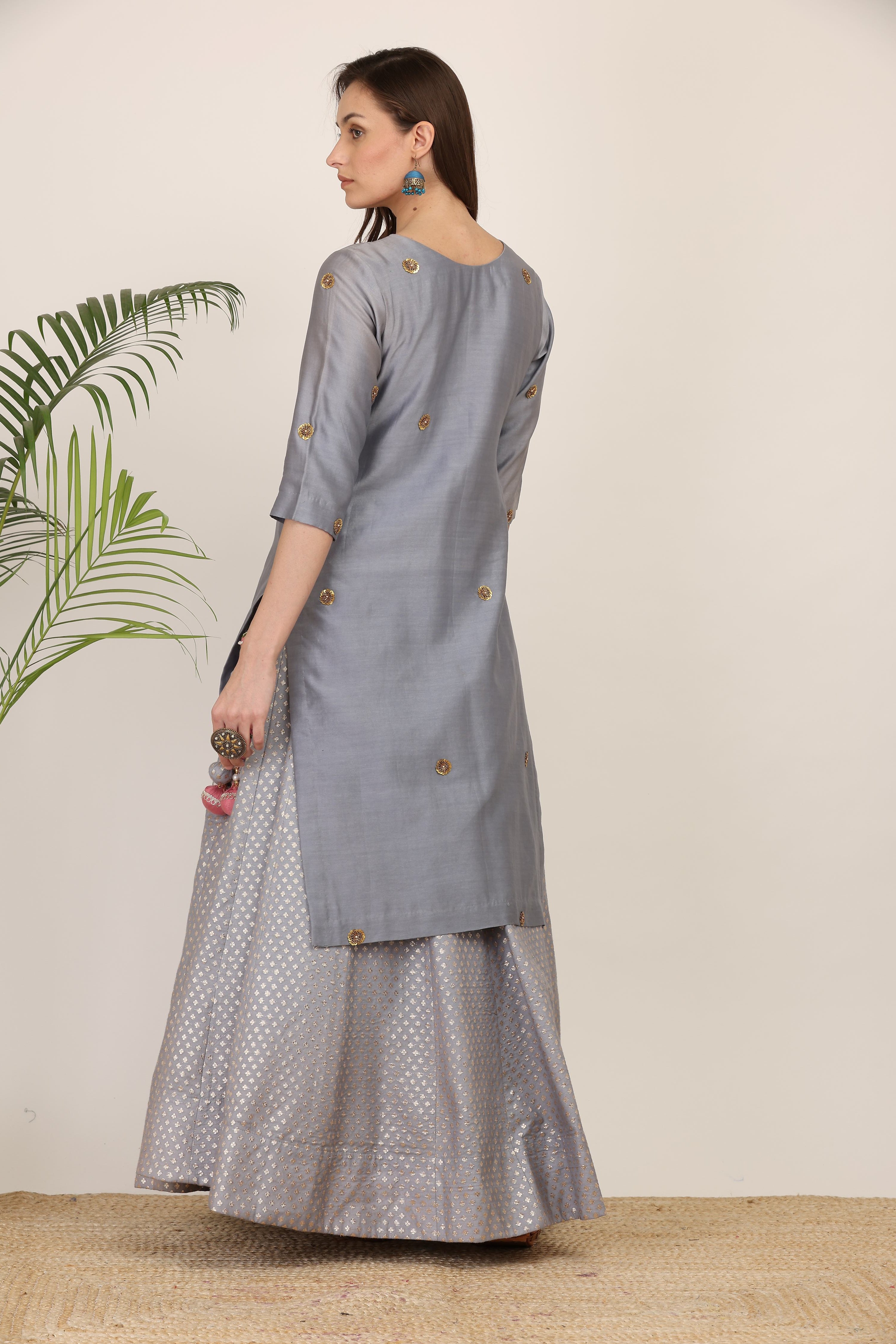 Moonlit Bloom Grey Kurta Lehenga Set