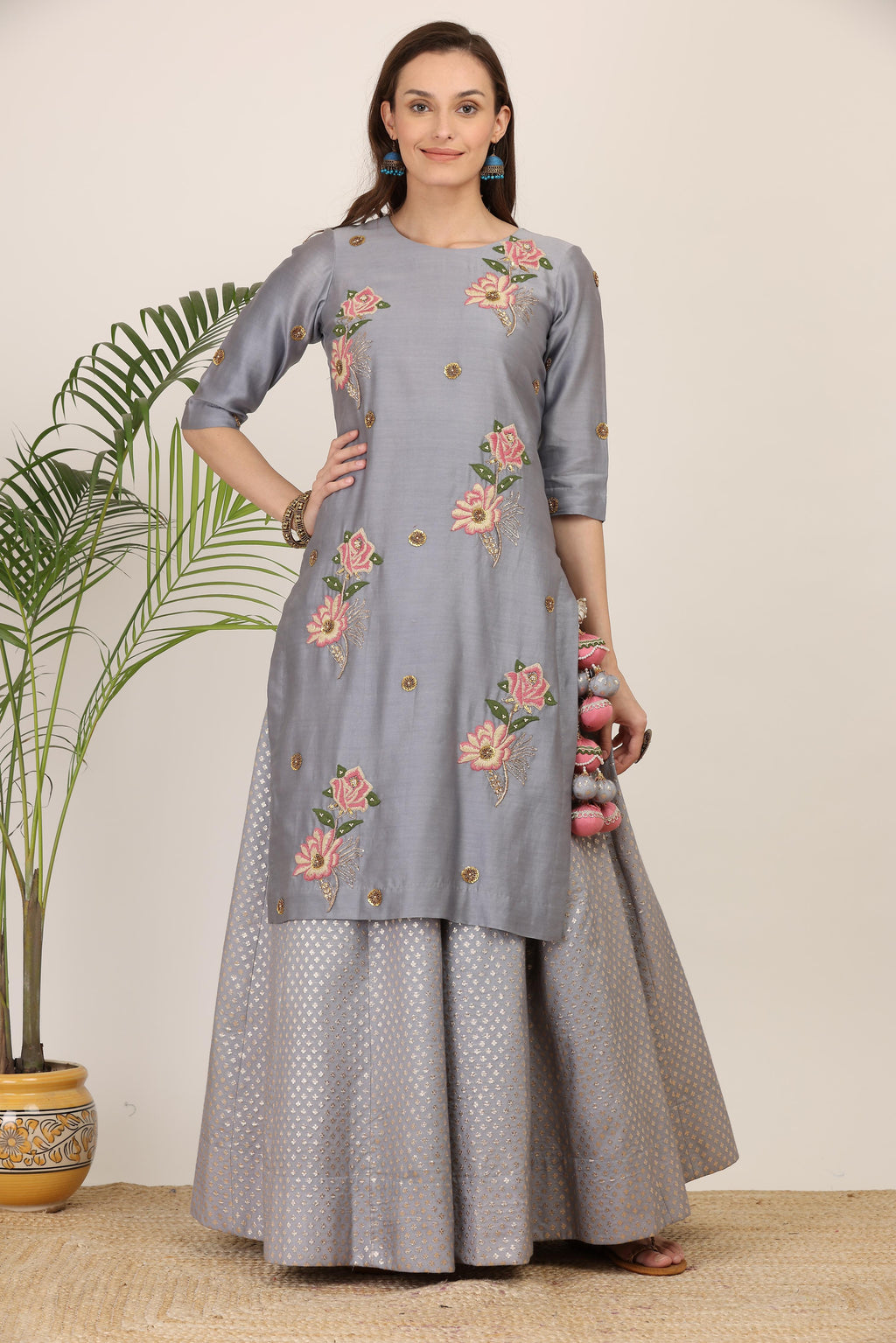 Moonlit Bloom Grey Kurta Lehenga Set