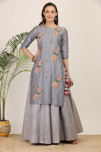 Moonlit Bloom Grey Kurta Lehenga Set