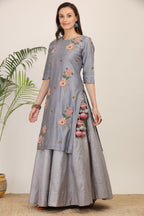 Moonlit Bloom Grey Kurta Lehenga Set