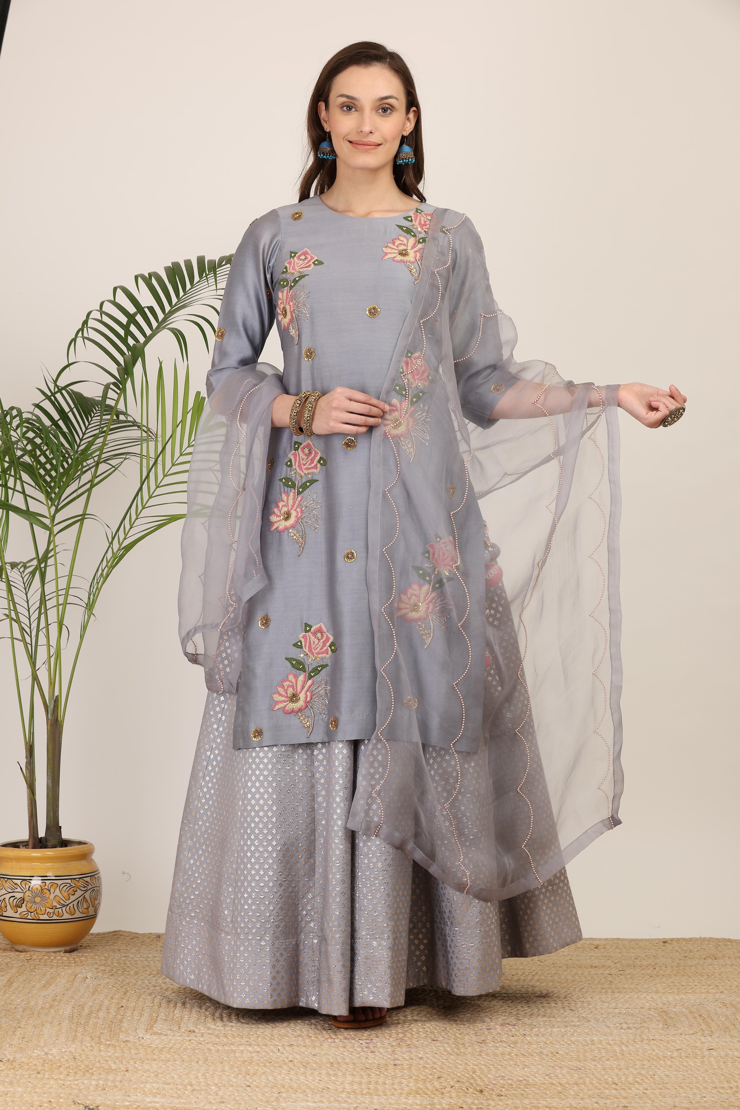 Moonlit Bloom Grey Kurta Lehenga Set