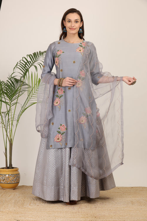 Moonlit Bloom Grey Kurta Lehenga Set