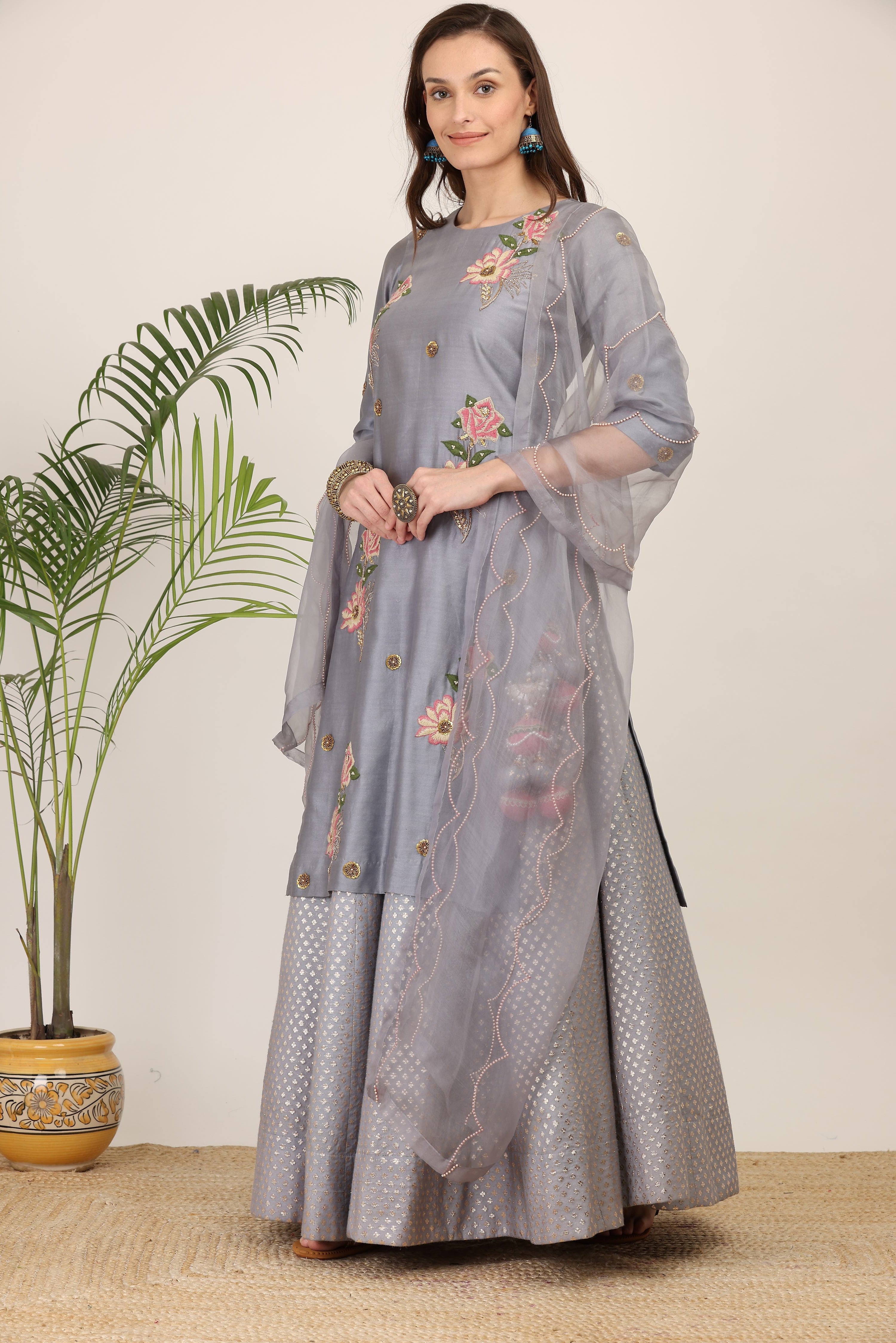 Moonlit Bloom Grey Kurta Lehenga Set