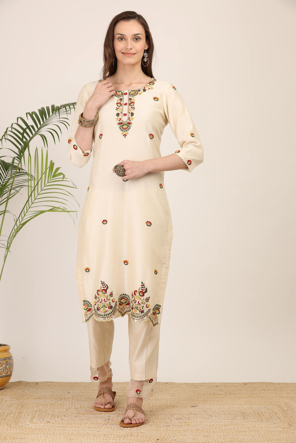 Ivory Embroidered Kurta Set with Sheer Dupatta