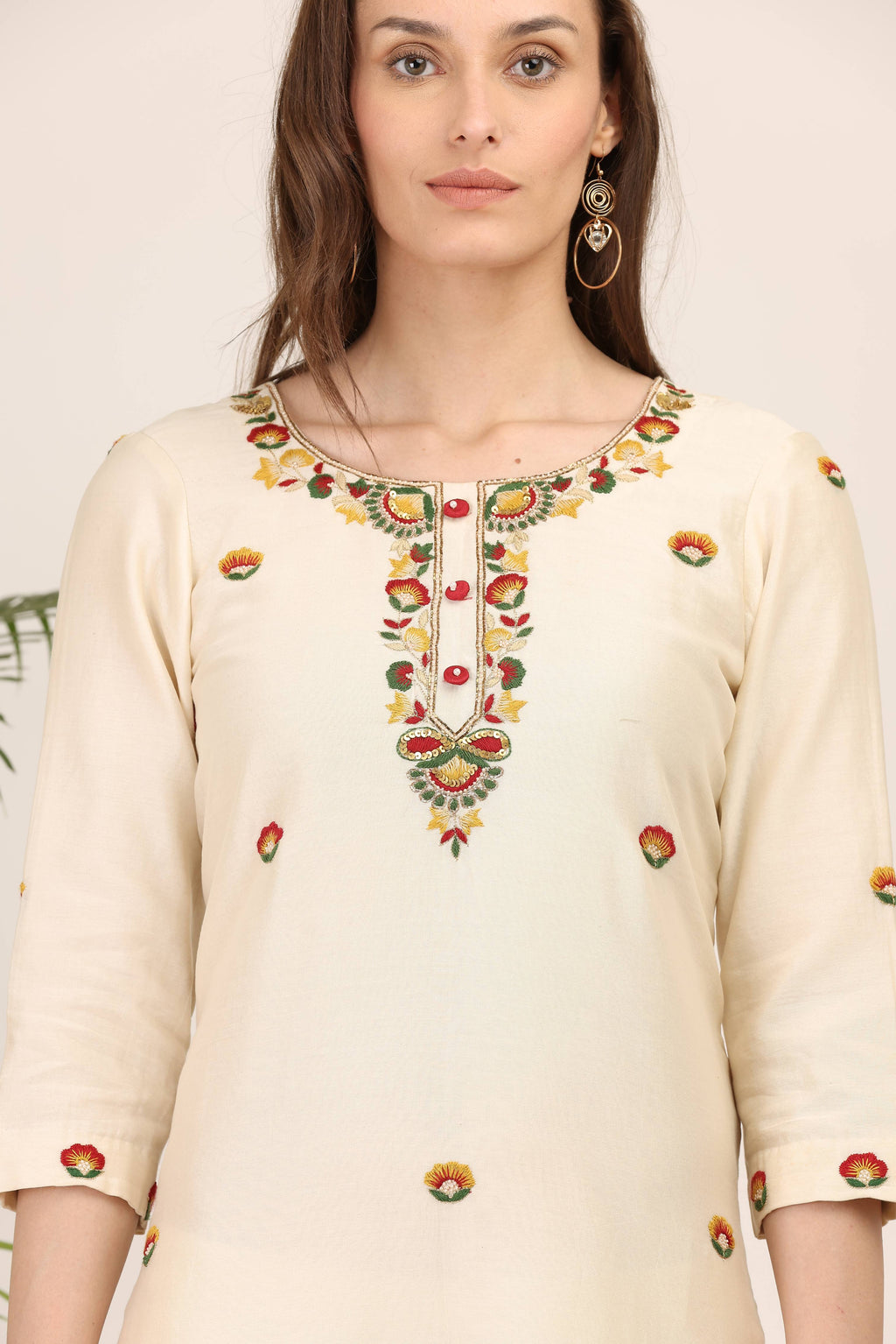 Ivory Embroidered Kurta Set with Sheer Dupatta