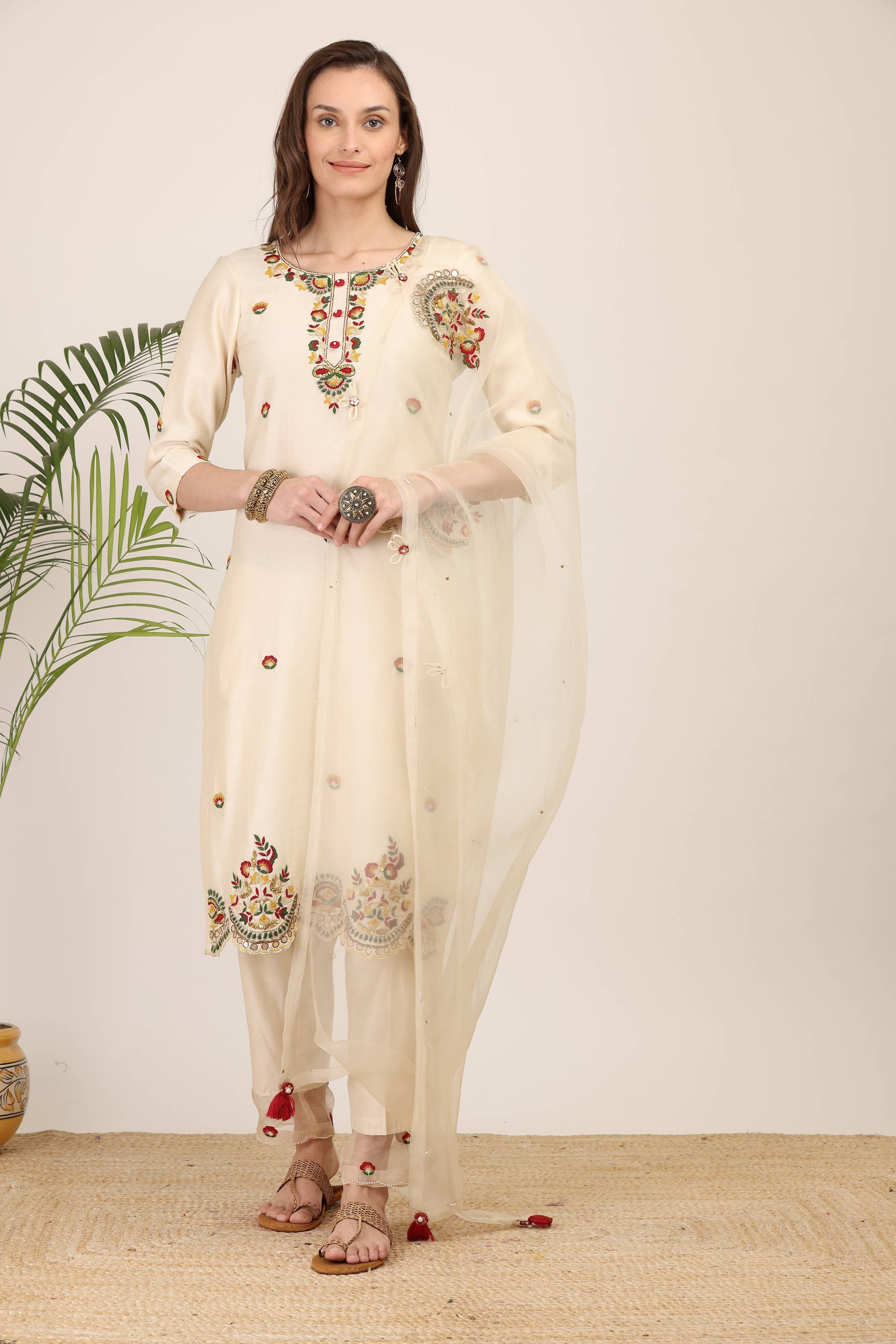 Ivory Embroidered Kurta Set with Sheer Dupatta