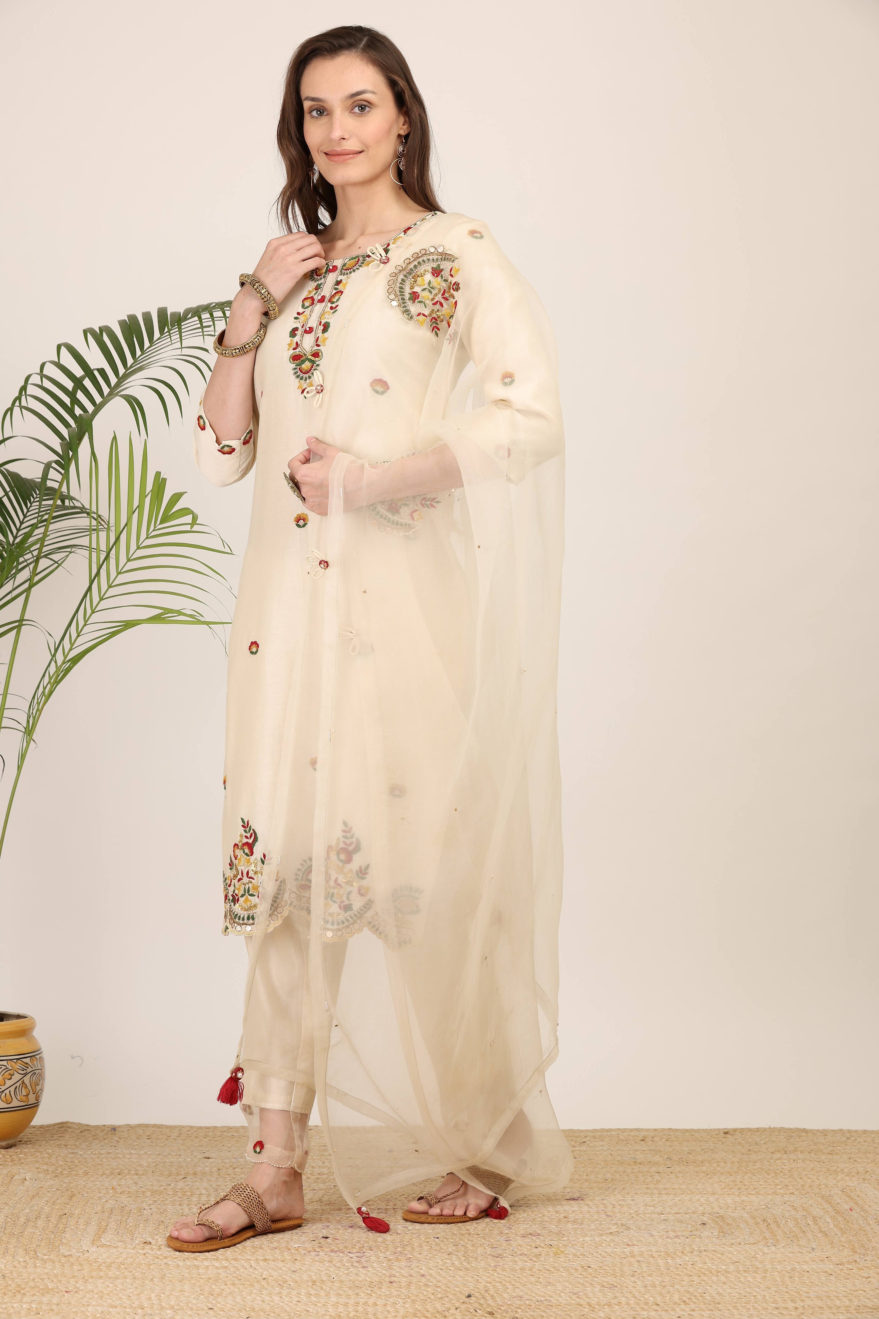 Ivory Embroidered Kurta Set with Sheer Dupatta