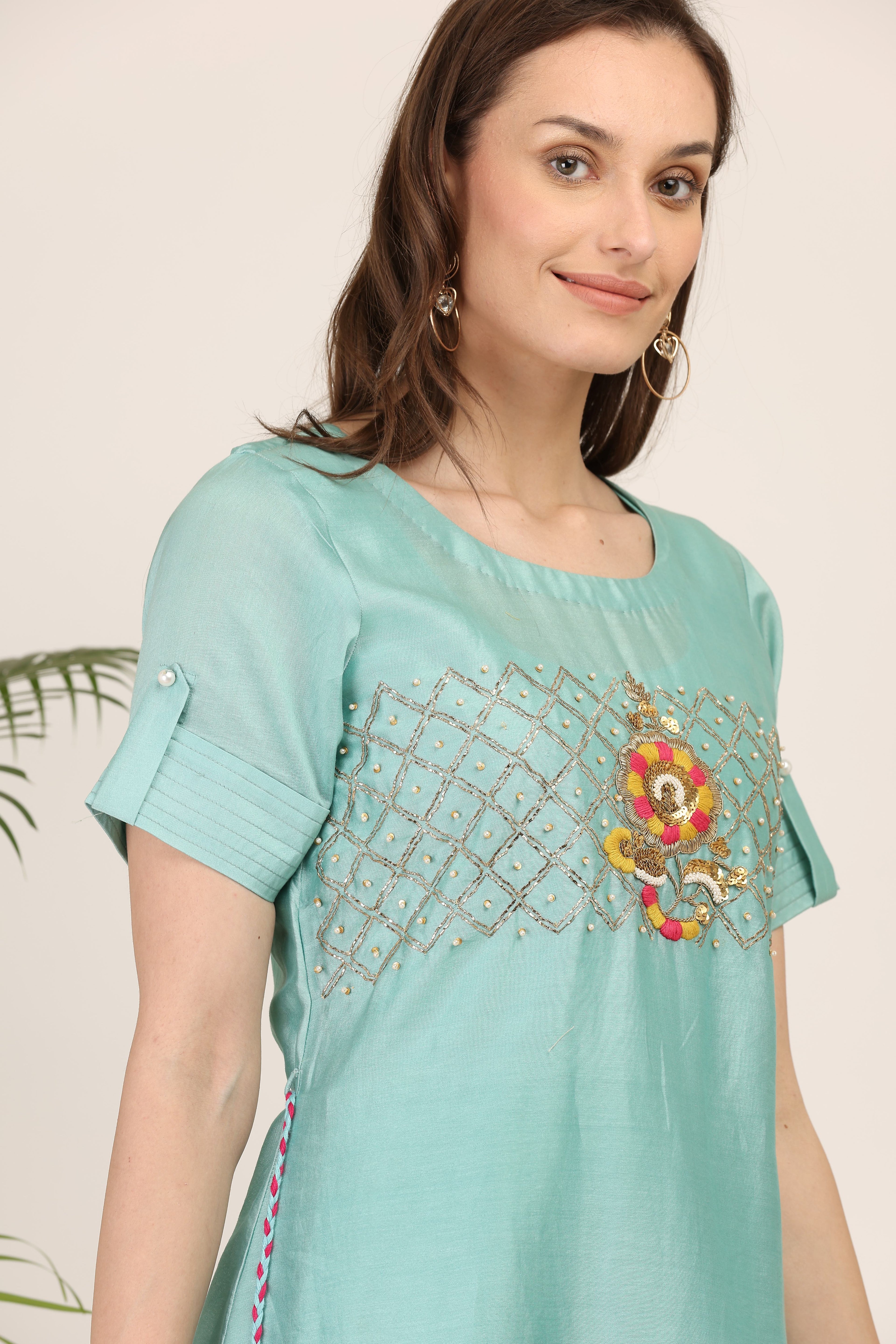Celeste Aqua Embroidered Tunic