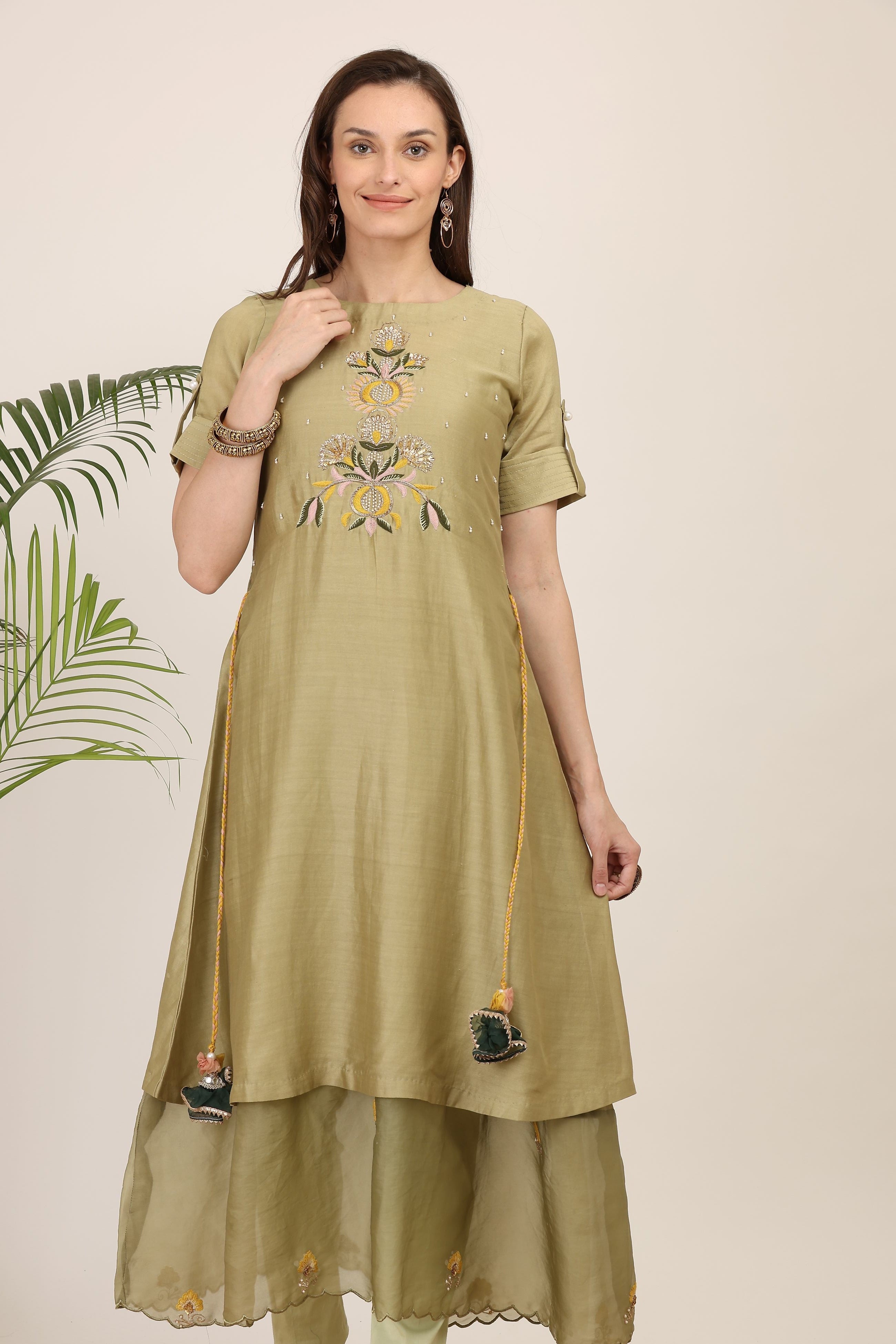 Olive Green Embroidered A-Line Dress