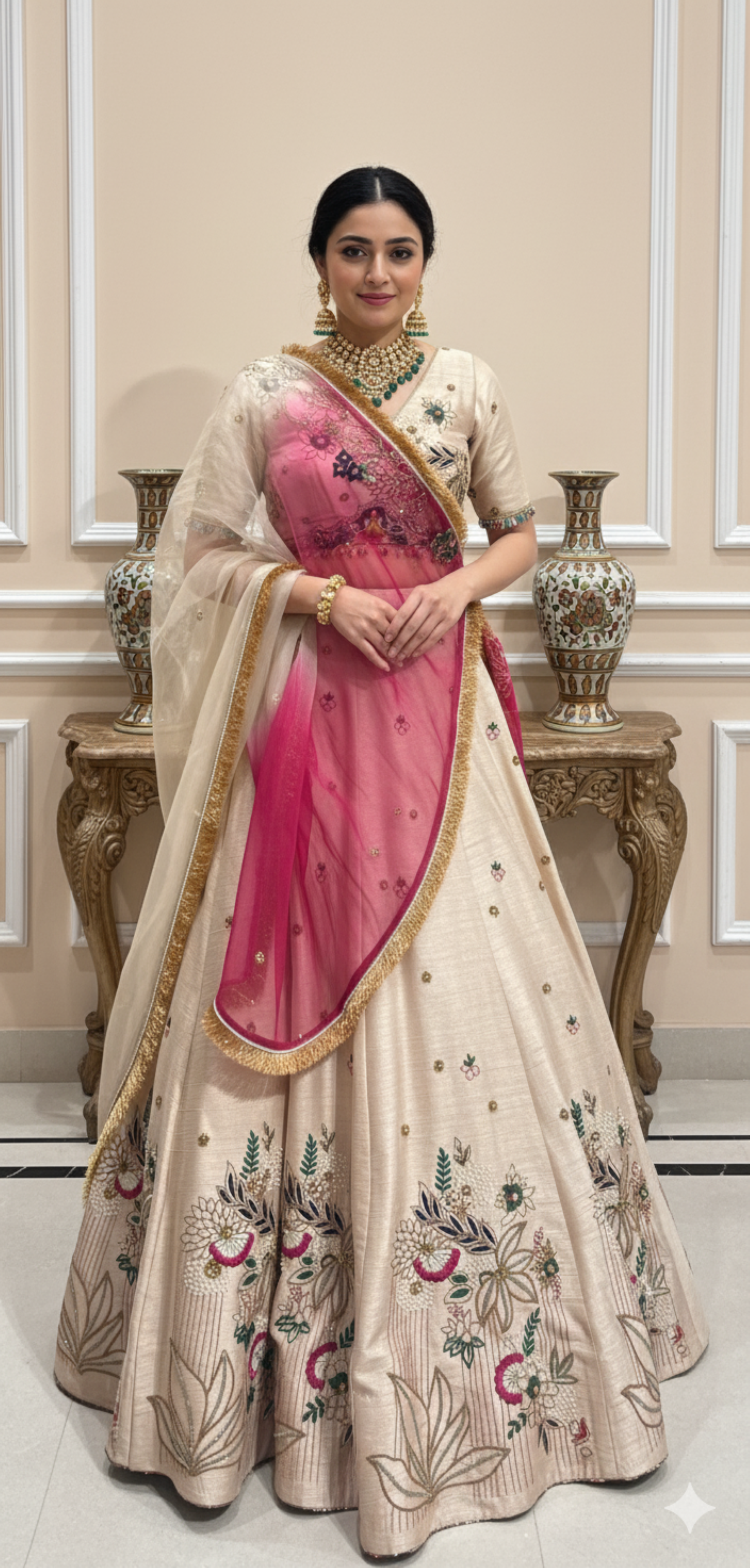 Ivory Beige Dabka embroidery Lehenga set