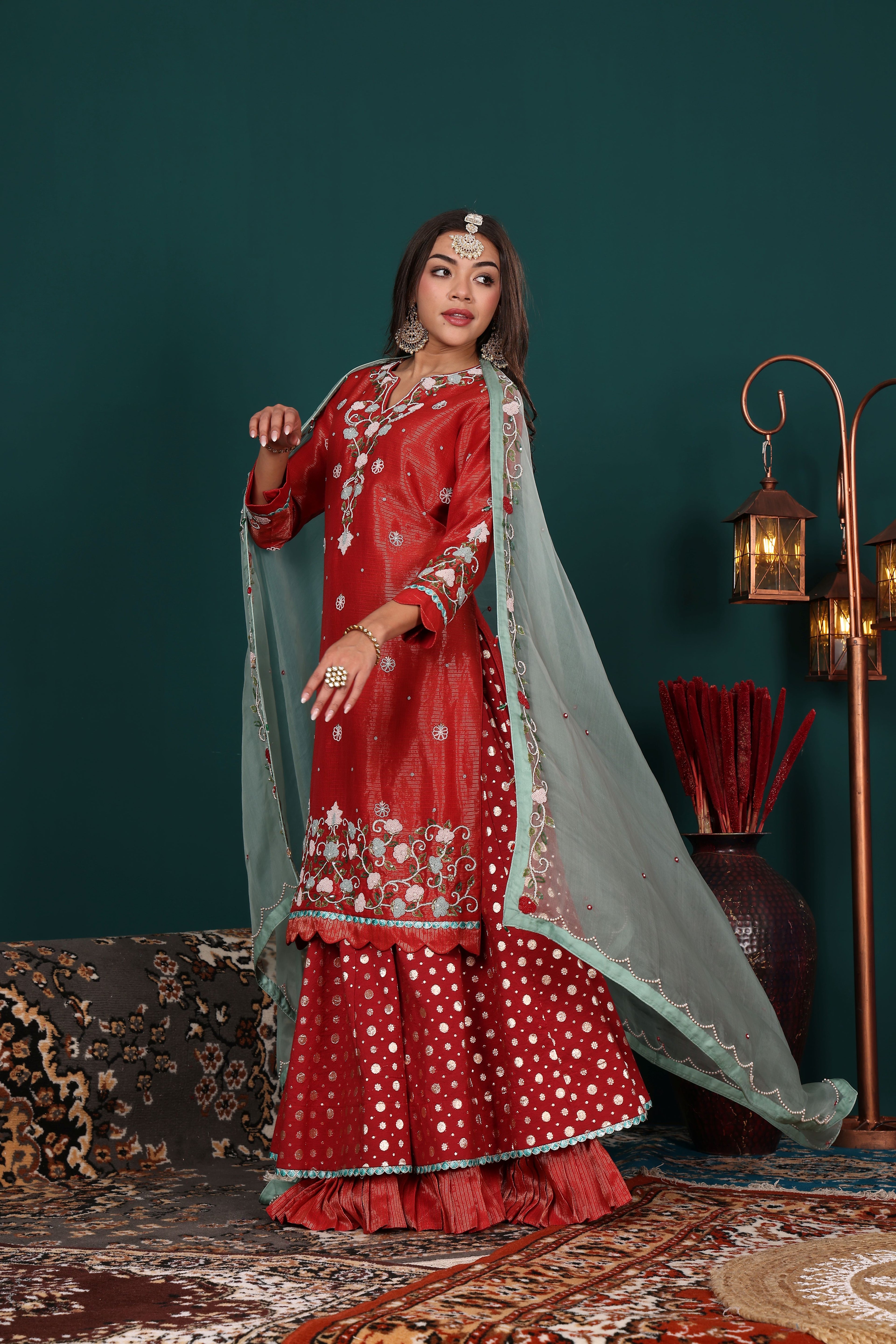 Ruhani Red Esembled Kurta Lehenga set