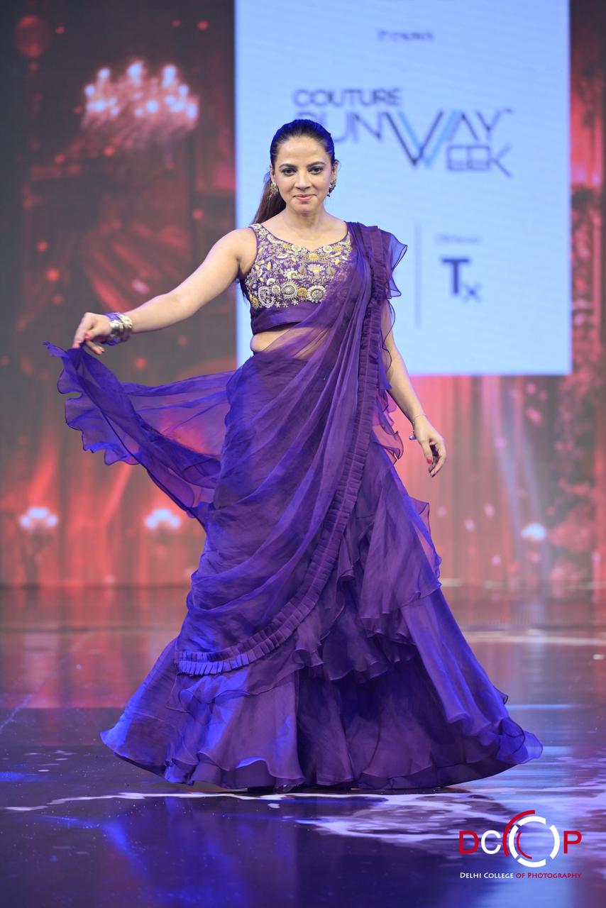 Purple Ruffle Saree with Embroidered Blouse