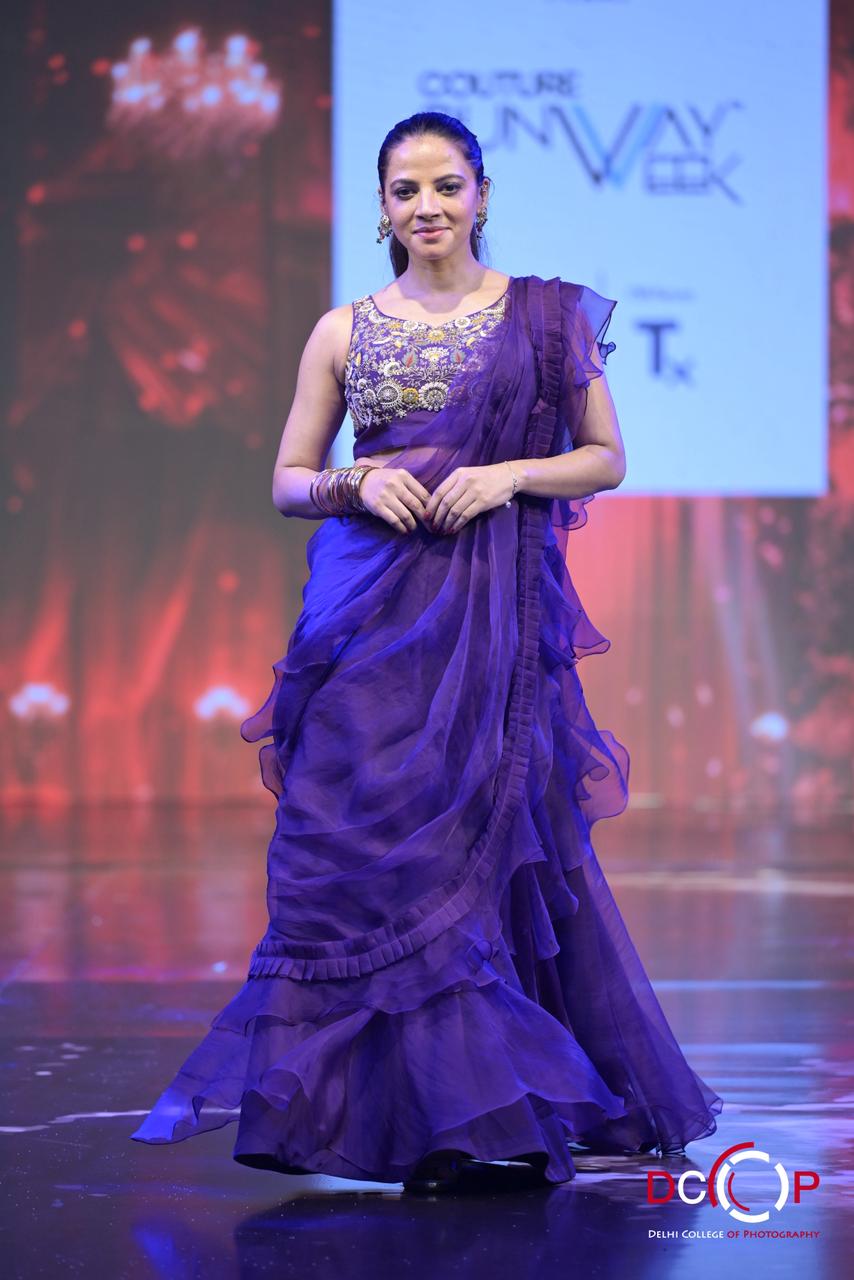 Purple Ruffle Saree with Embroidered Blouse