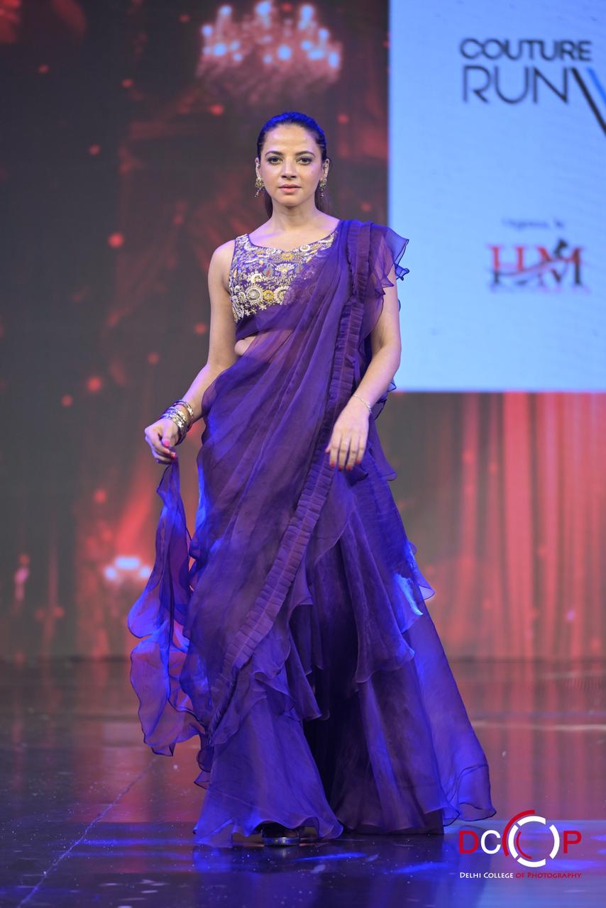 Purple Ruffle Saree with Embroidered Blouse