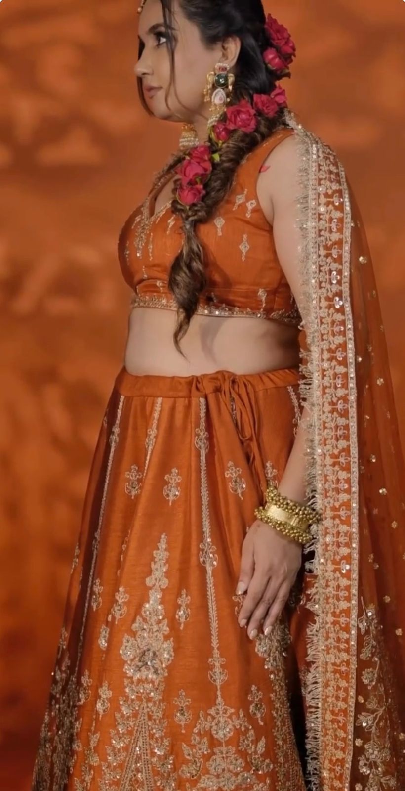 Elegant Rust Orange Embroidered Lehenga Set
