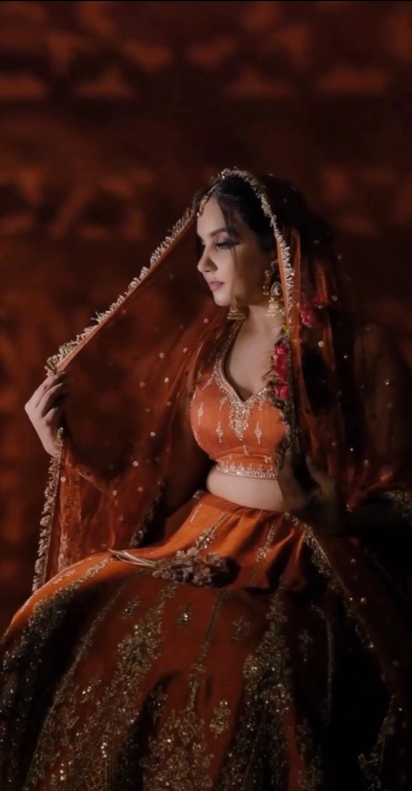 Elegant Rust Orange Embroidered Lehenga Set
