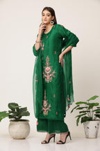 Emerald Green Rose Pink Organza Kurta Set