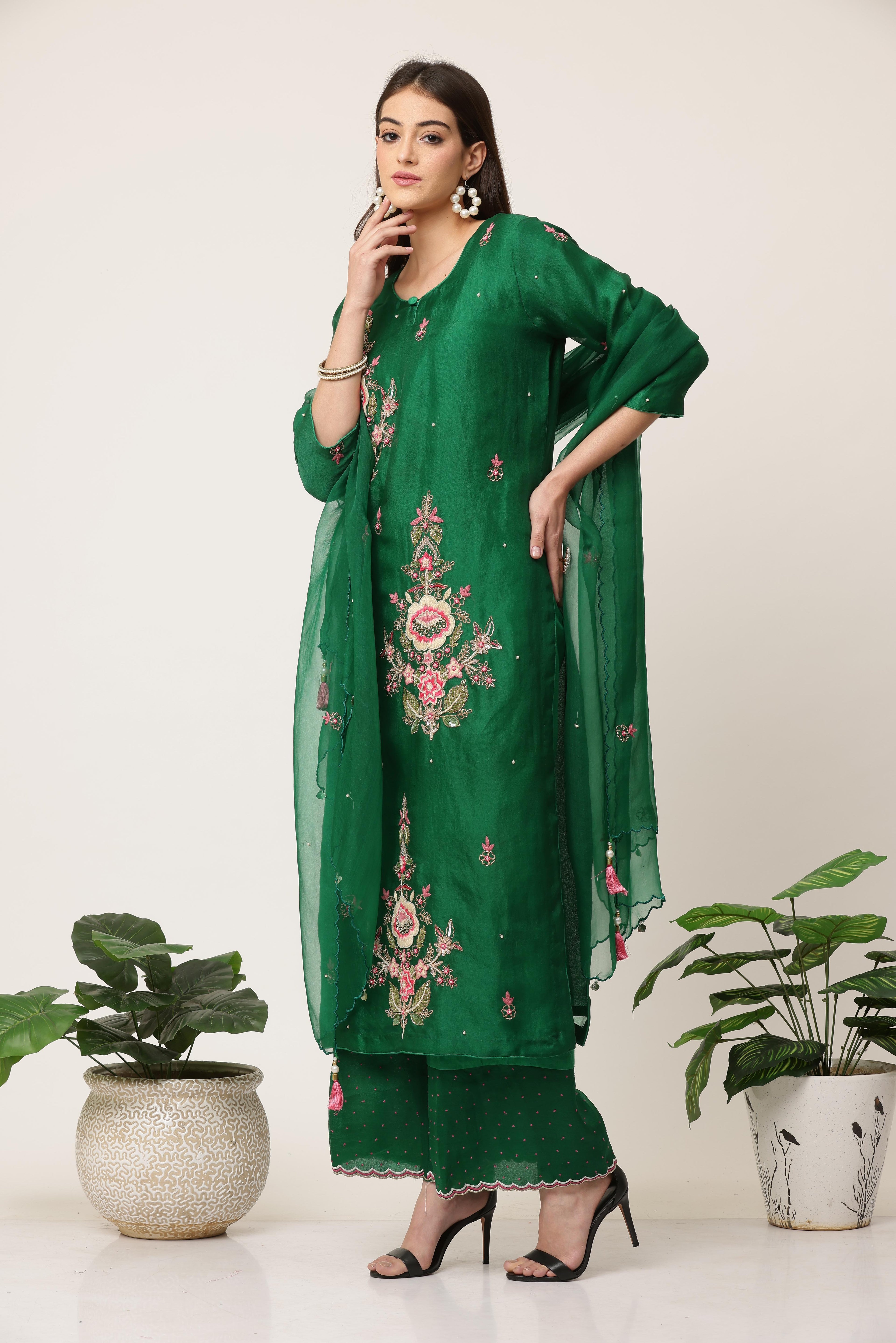 Emerald Green Rose Pink Organza Kurta Set