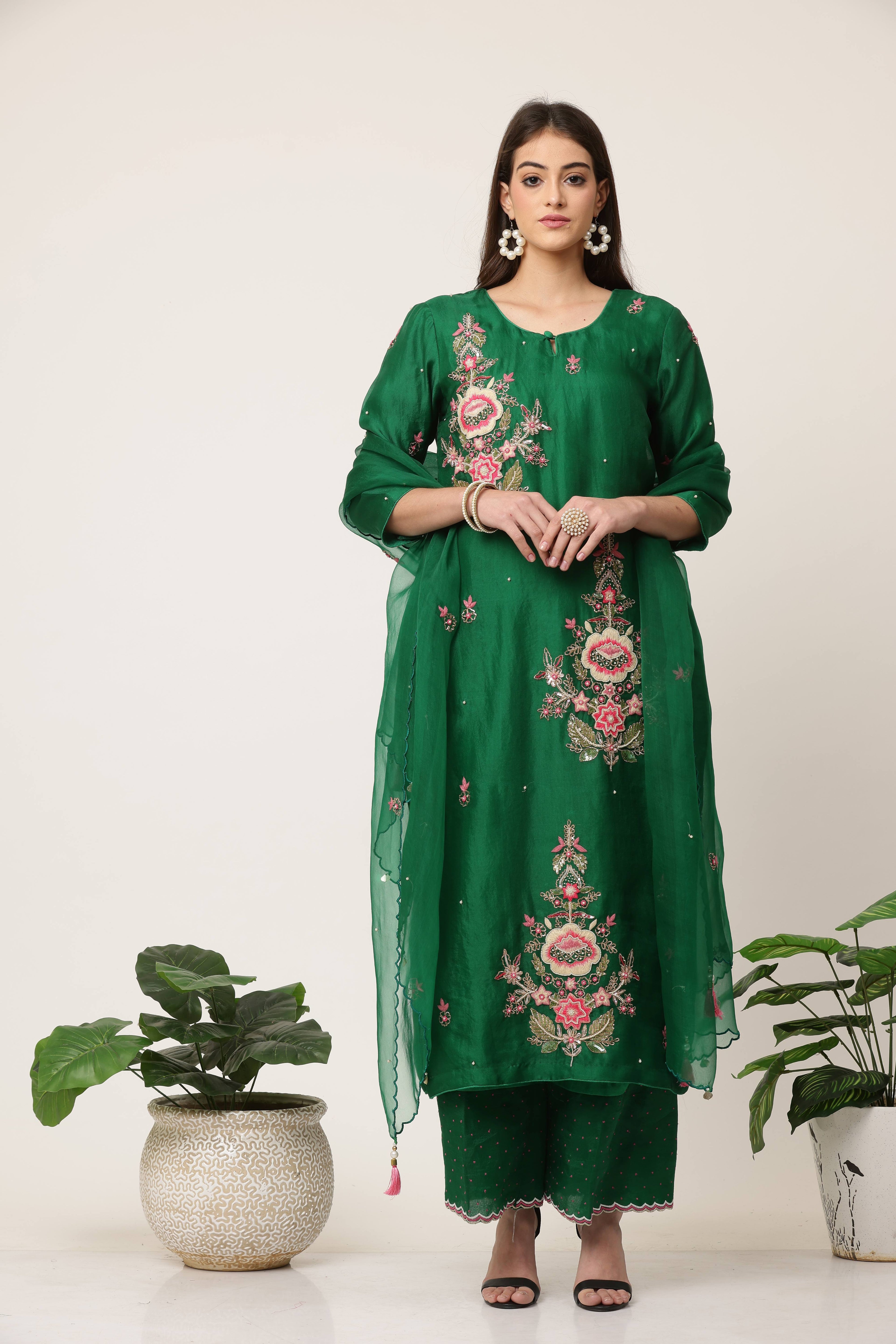 Emerald Green Rose Pink Organza Kurta Set
