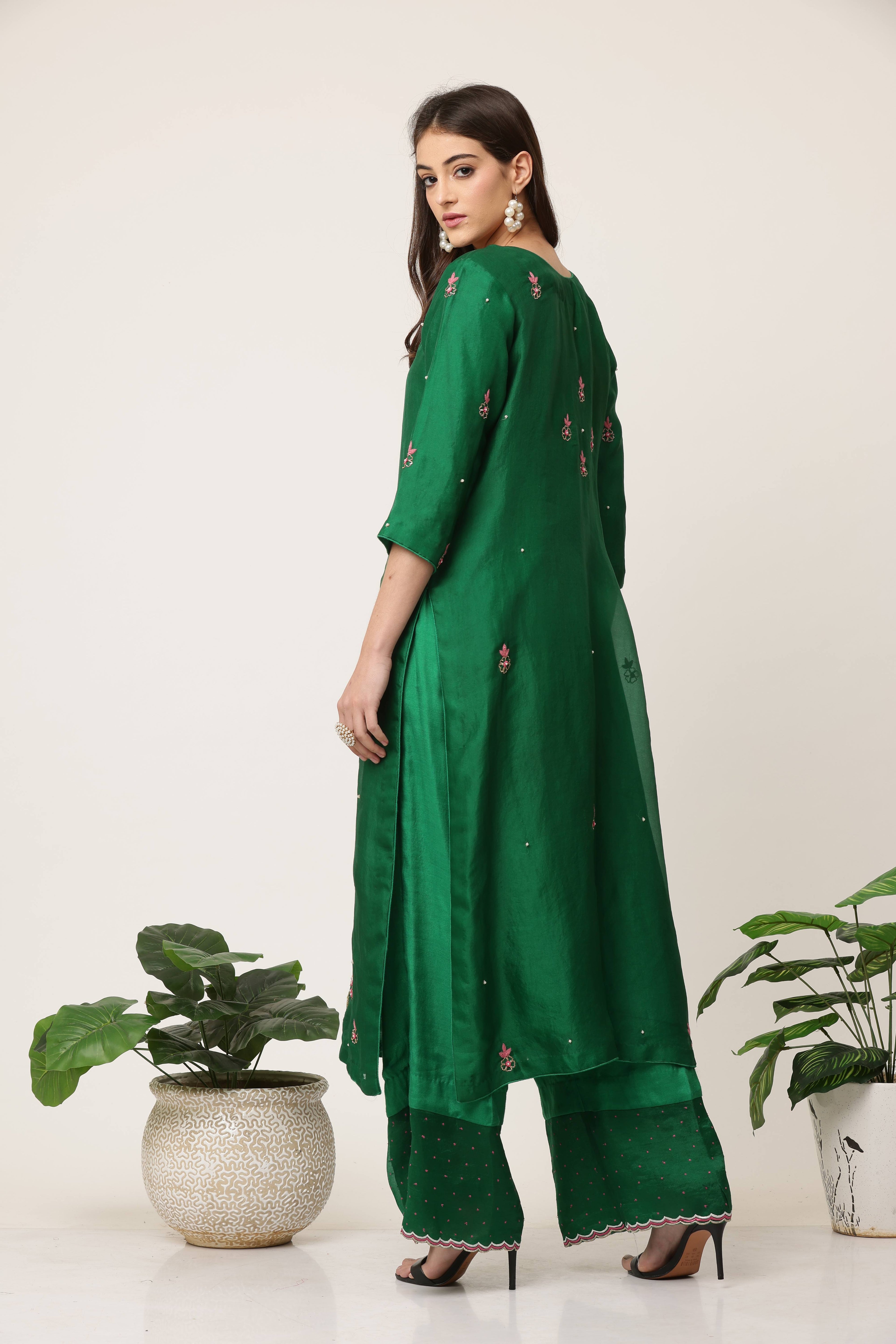 Emerald Green Rose Pink Organza Kurta Set