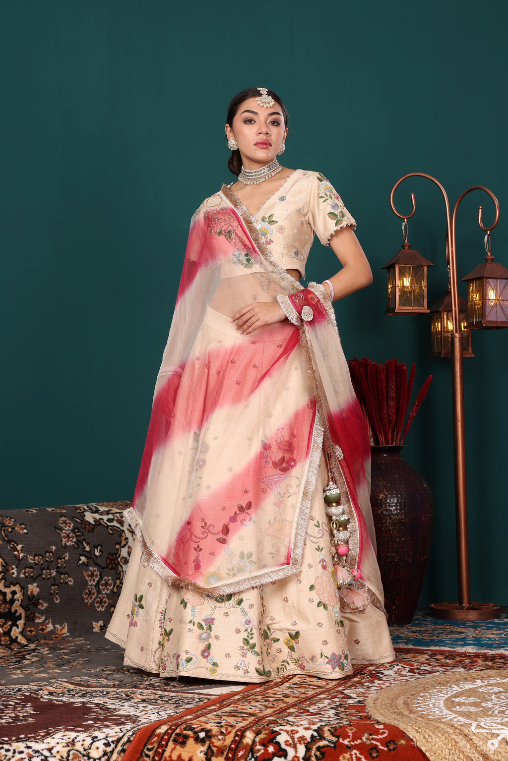 Ivory Fushia Pink Dupatta Lehenga Set