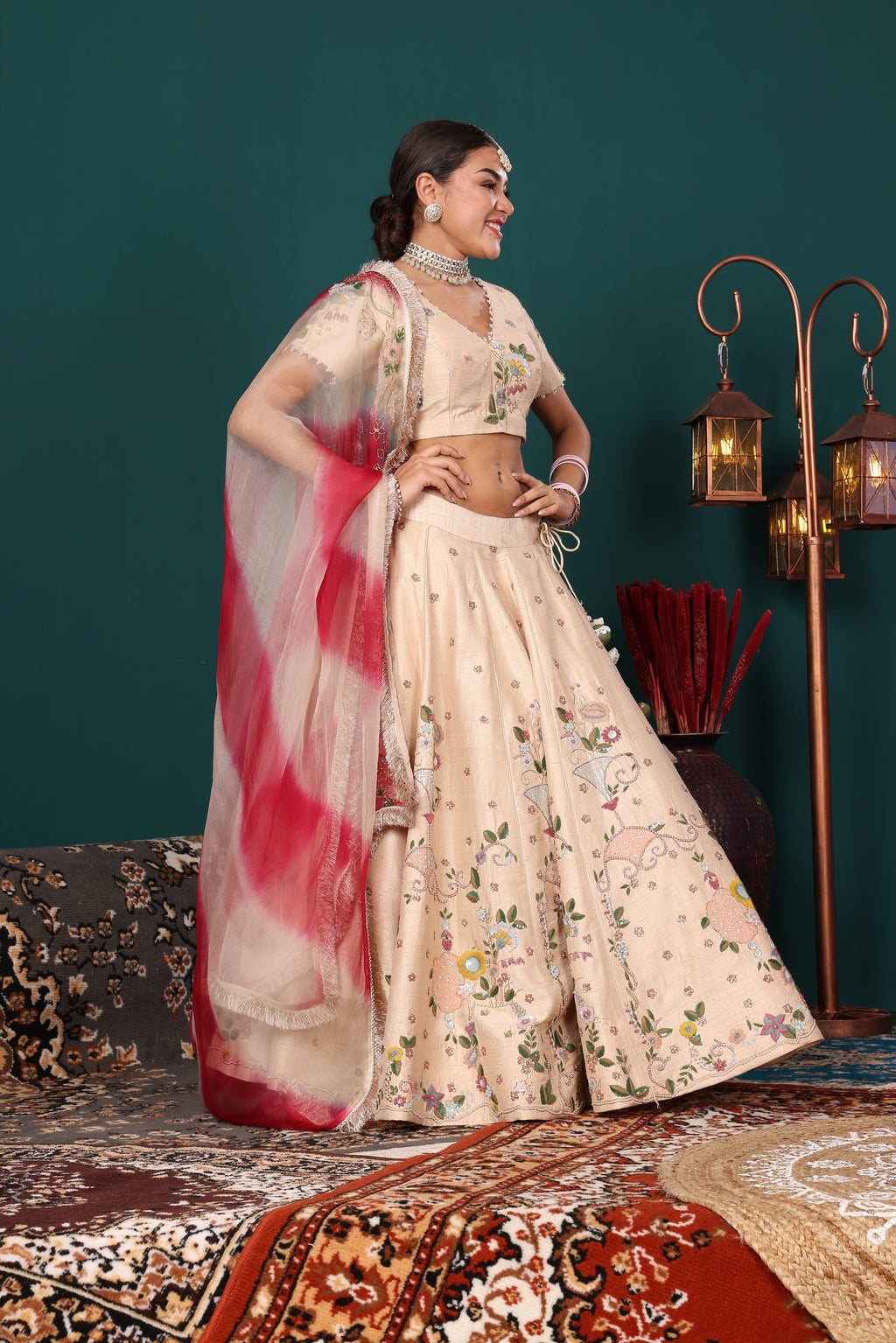 Ivory Fushia Pink Dupatta Lehenga Set