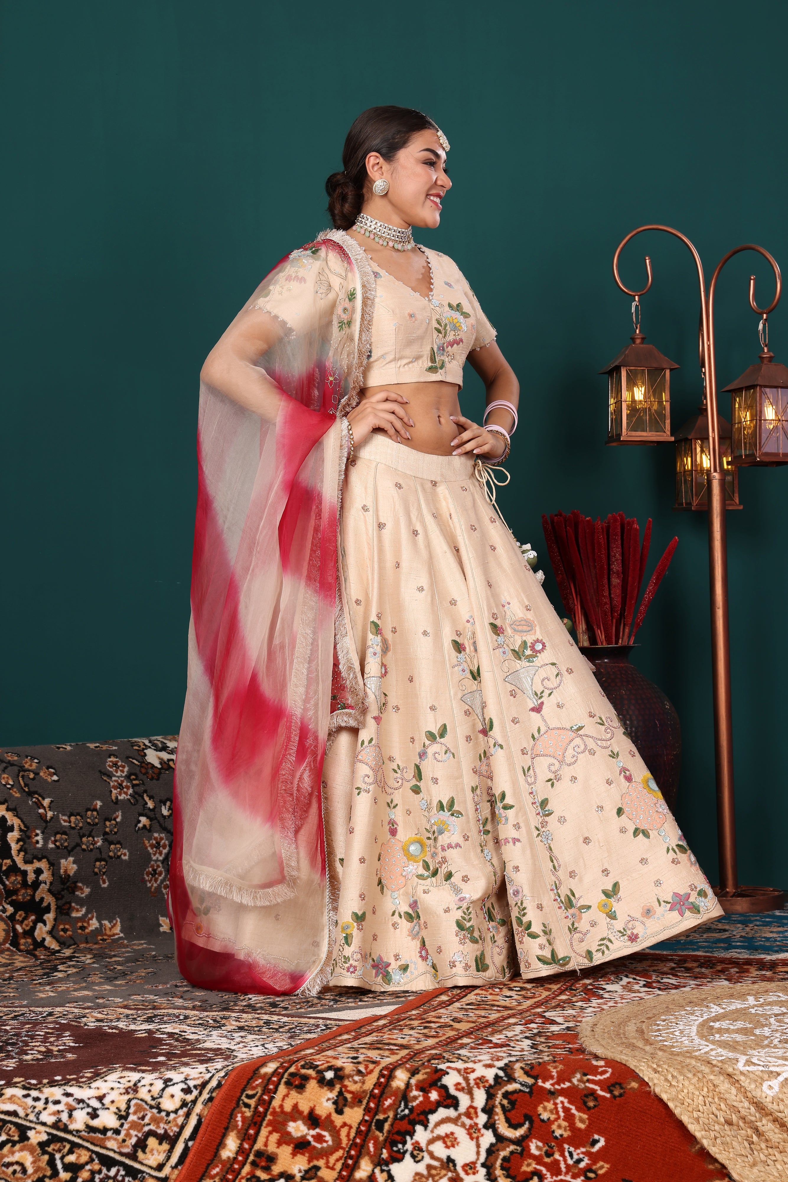Ivory Fushia Pink Dupatta Lehenga Set